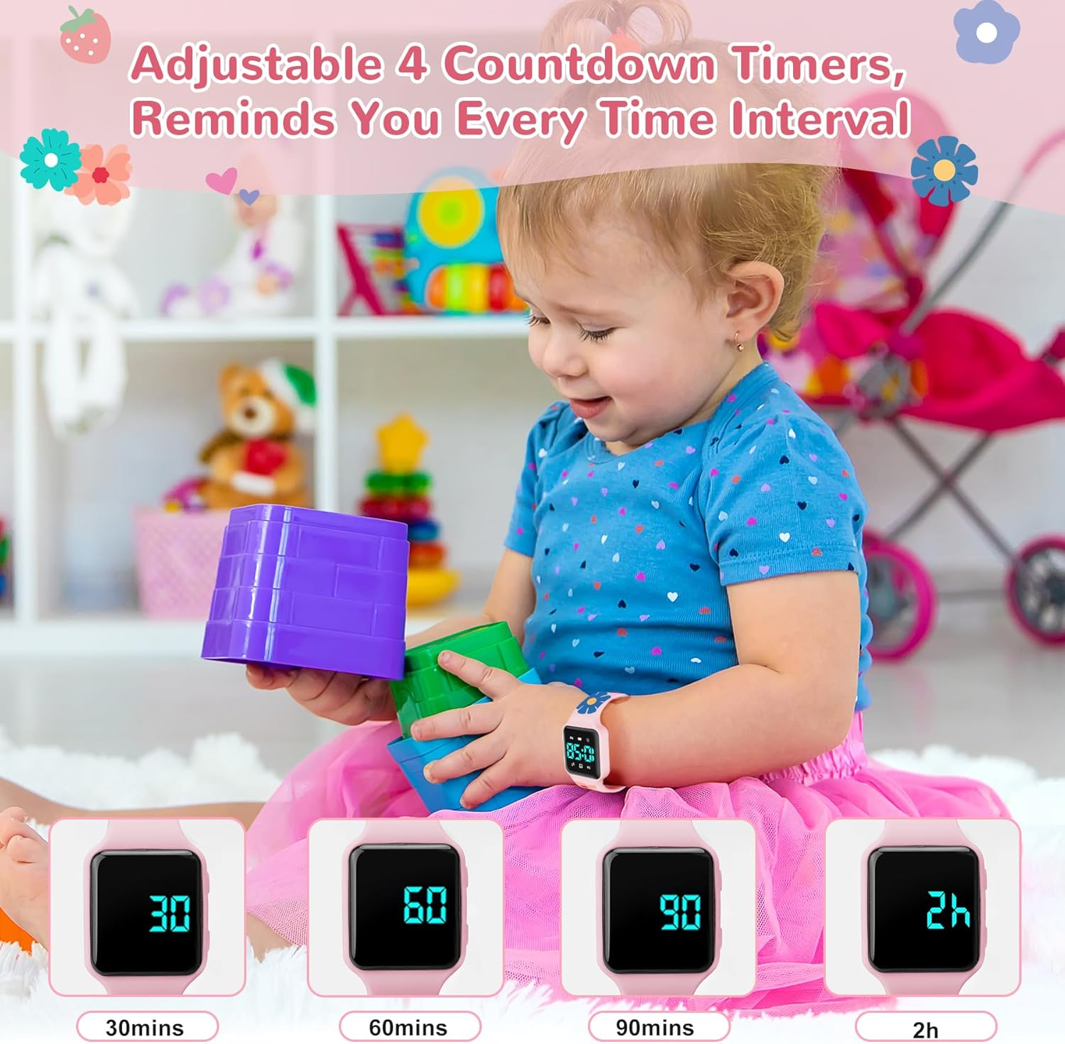 Potty Training Watch for Toddler with Countdown, Alarms, Music or Vibration Alerts - Waterproof Toddler Toilet Trainer for Boys & Girls Ages 2-9, Pink Flower - Apricot Butterfly image number 6