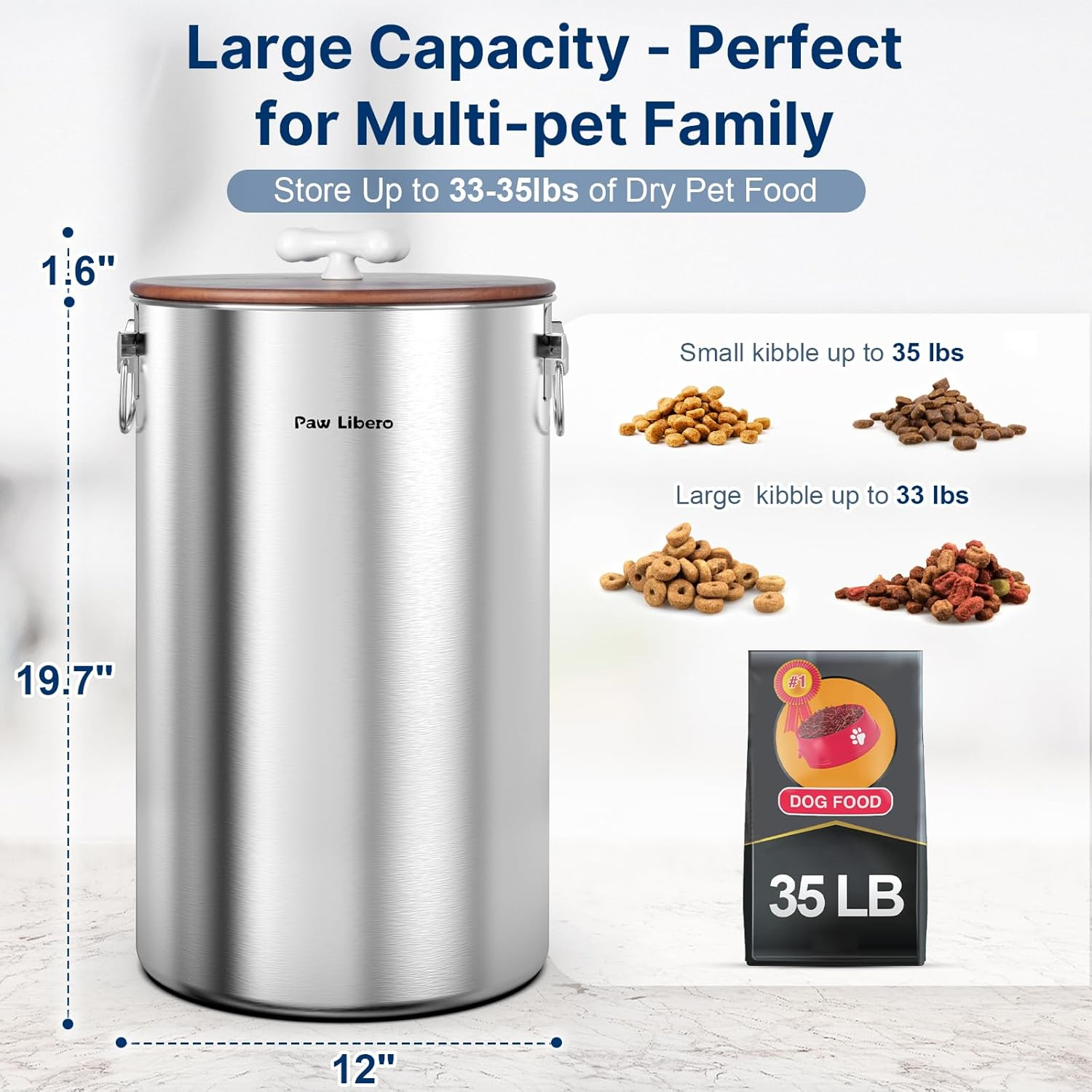 35 Lbs Stainless Steel Dog Food Storage Container with Airtight Wooden Lid & Ceramic Bone Handle, Large Metal Dog Food Bin for Dogs & Cats, Keep Fresh, Easy to Clean image number 5