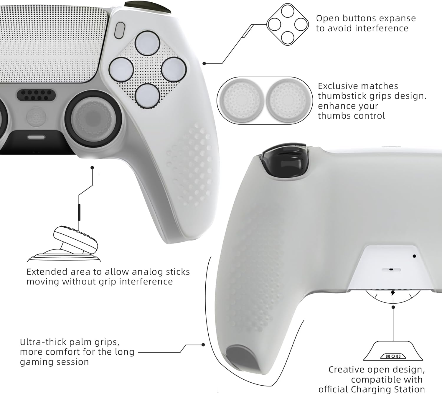 Playvital 2 Set Upgraded Silicone Cover Skin for Ps5 Controller with 12 Thumb Grips & 4 Stickers, Compatible with Charging Dock, 3D Studded Anti-Slip Shockproof Controller Grip, Glow in Dark - Green - 2 Set Black image number 5