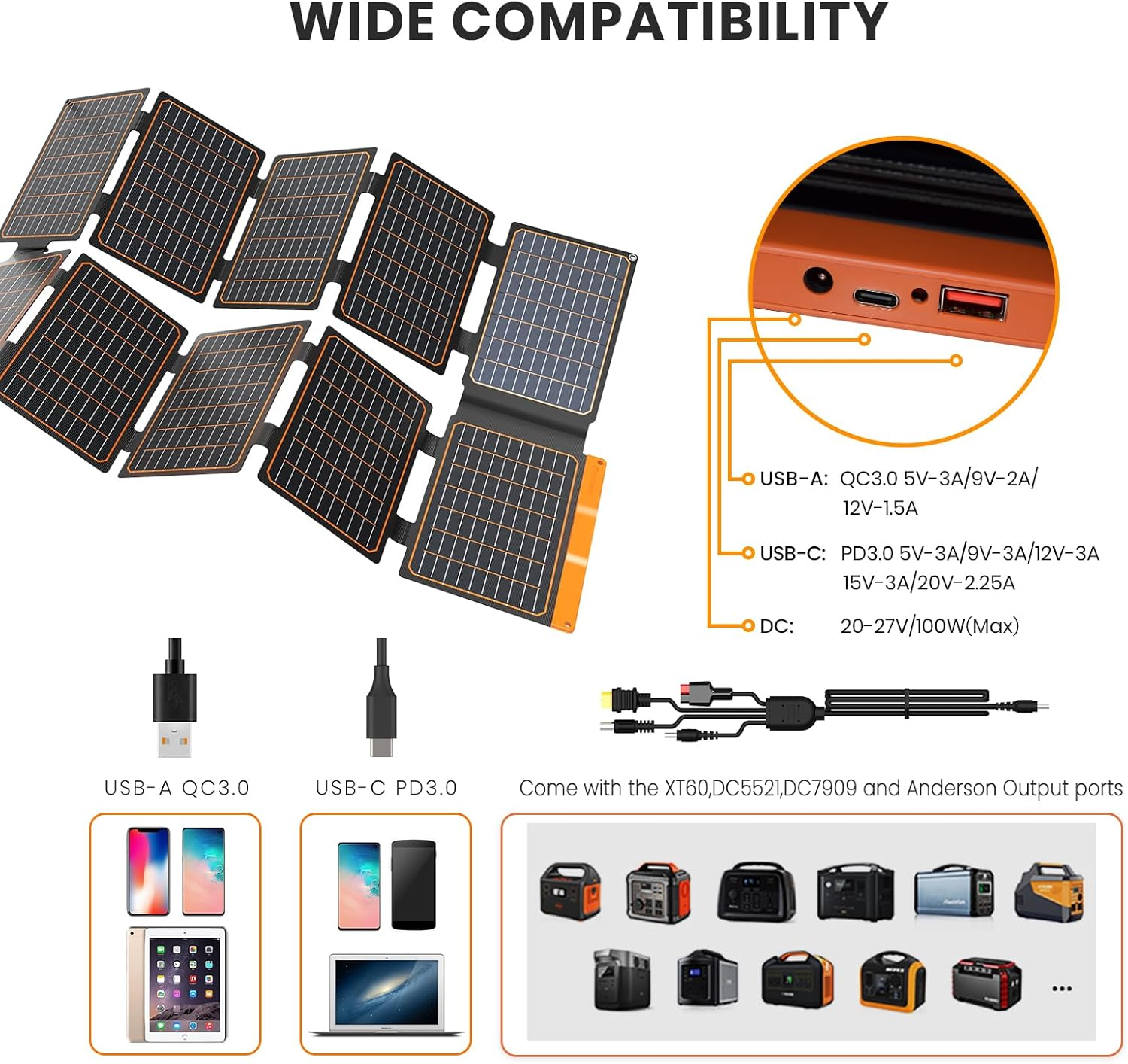 Flexsolar 100W Portable Solar Panel, IP67 Water & Dustproof Solar Charger with DC/QC 3.0 USB-A & PD3.0 USB-C for Solar Generator Monocrystalline Solar Cell for Camping, Garden, RV, Smartphone image number 6