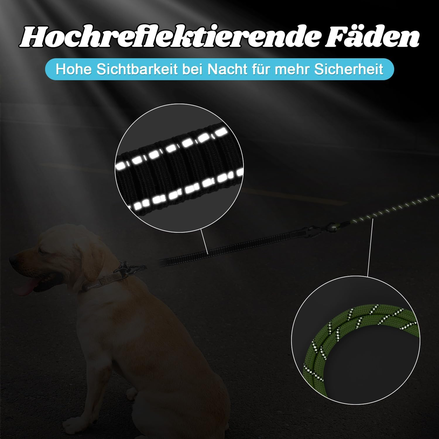Aystkniet Bungee Recall Lead for Dogs 3 M 5 M 9 M 10 M 15 M 20 M 30 M, Shock-Absorbing Dog Lead with Padded Handle, Reflective Threads, Lockable Hook for Medium Large Dogs image number 2