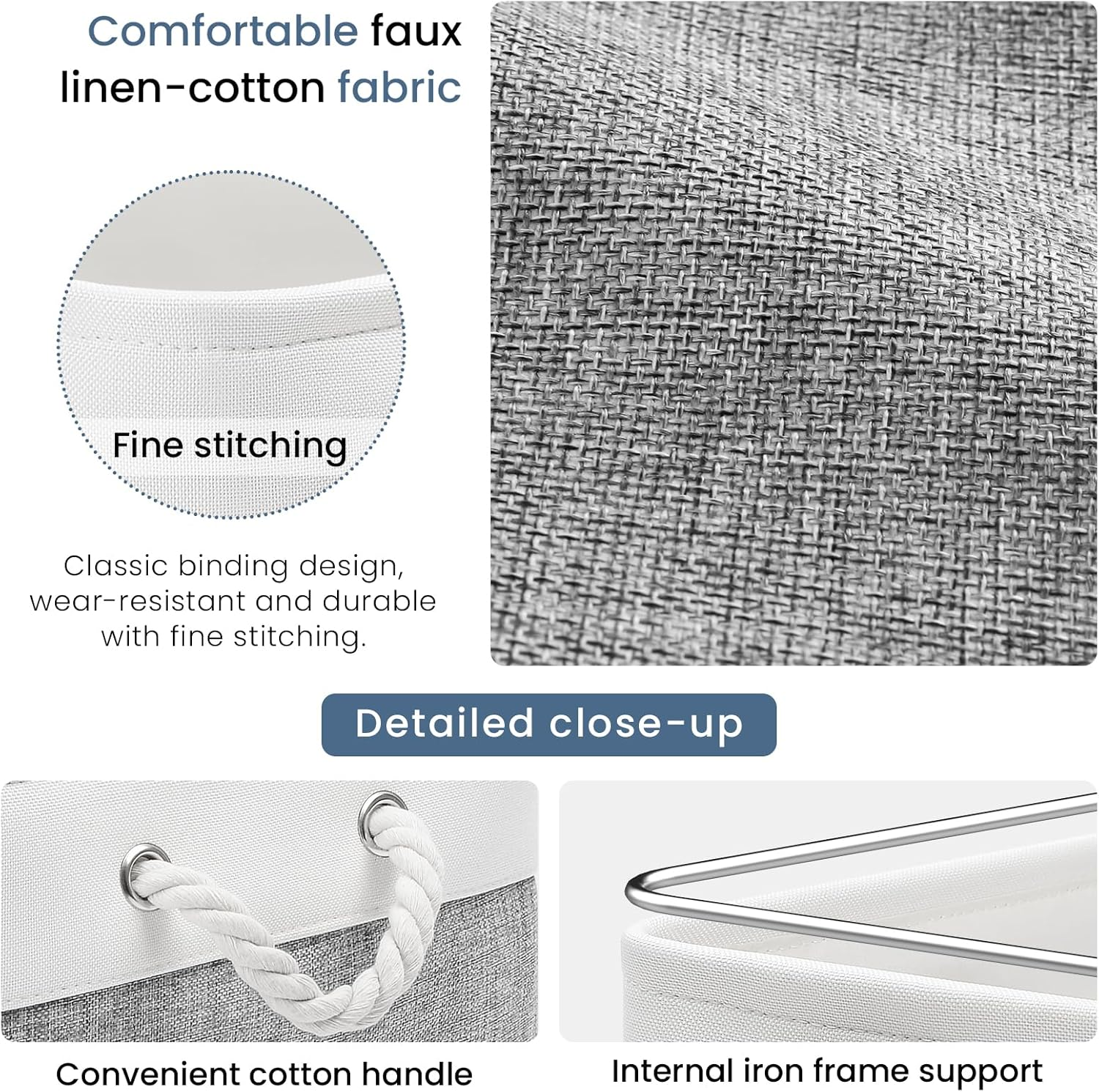 Patvingot Storage Baskets Canvas Storage Boxes with Handles, Fabric Storage Bins for Organizing Home and Clothes, Office (White/ Grey, Small-3 Pack) image number 2