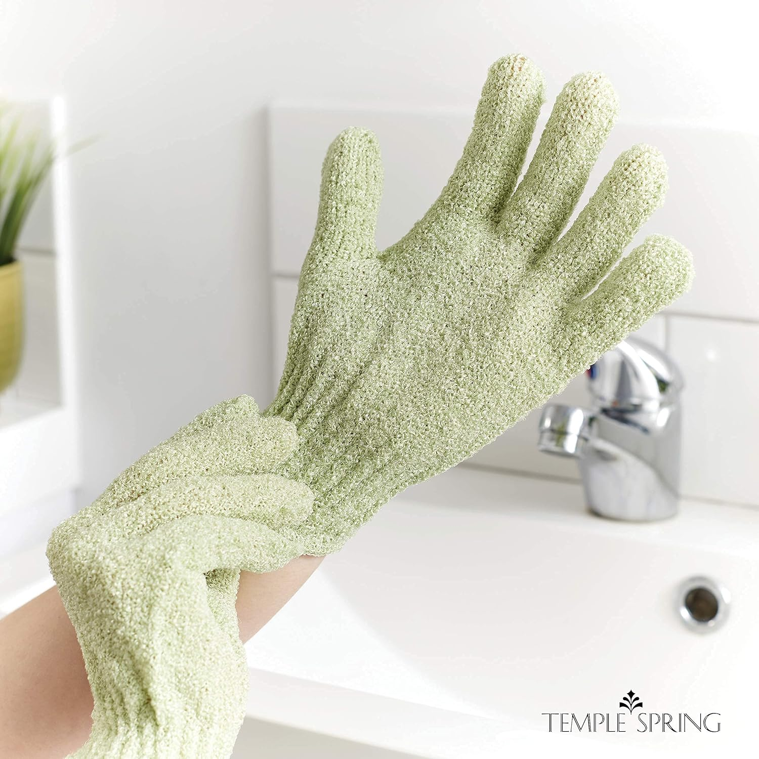 Exfoliating Wash Gloves, Bamboo Exfoliator Mitt, Bath/Shower Scrub, Body Exfoliation Hand Mitten, Beauty Scrubs/Loofah, Ingrown Hair/Dead Skin Remover, Scratching Eco Microfibre, Natural, (Sage Green) image number 6