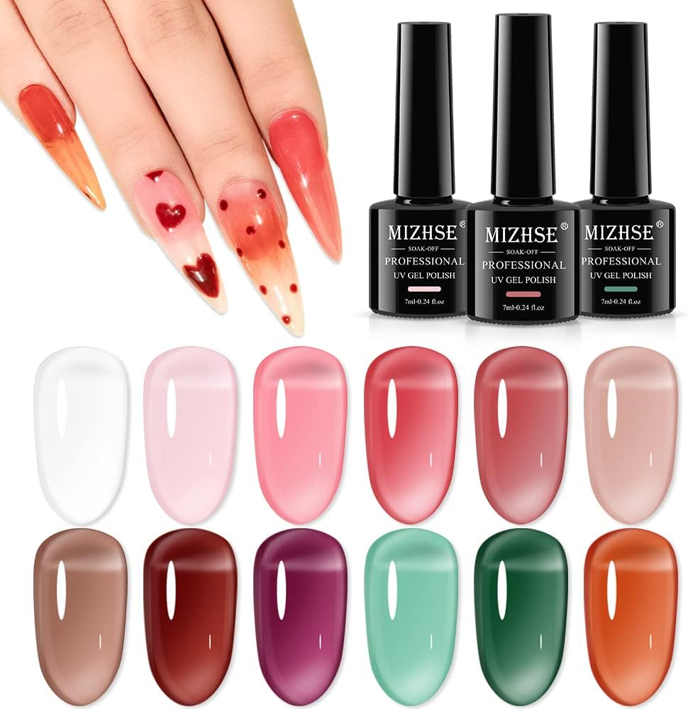 MIZHSE 12 Colors Jelly Gel Nail Polish Set, Clear Translucent Spring Summer Gel Polish 7Ml, Pink Green Purple Sheer Manicure Kit UV LED Soak off Varnish for Home Salon image number 1
