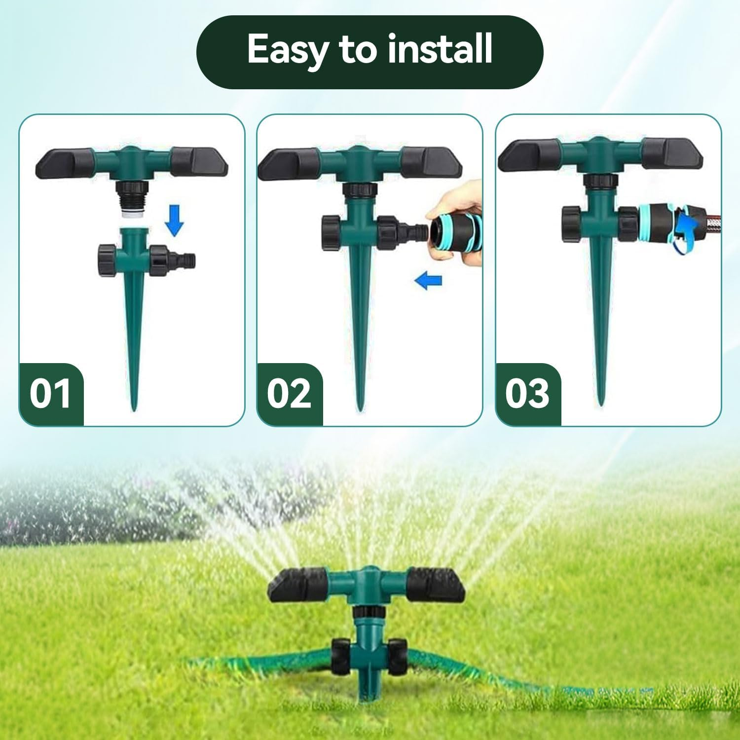 Proxima Direct 2 Pack Yard Sprinkler 360&deg; Rotating Lawn Sprinkler with up to 3,000 Sq. Ft Coverage - Adjustable, Weighted Gardening Watering System (Green) image number 1