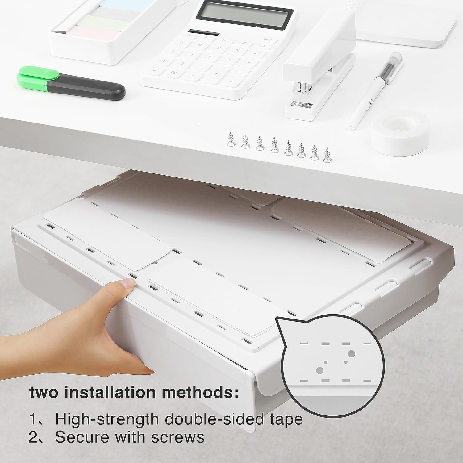 Under Desk Drawer Organizer - Extra-Wide Hidden Storage Tray with Slide-Out Design, under Table Shelf for Office/Home Accessories (Transparent, L)