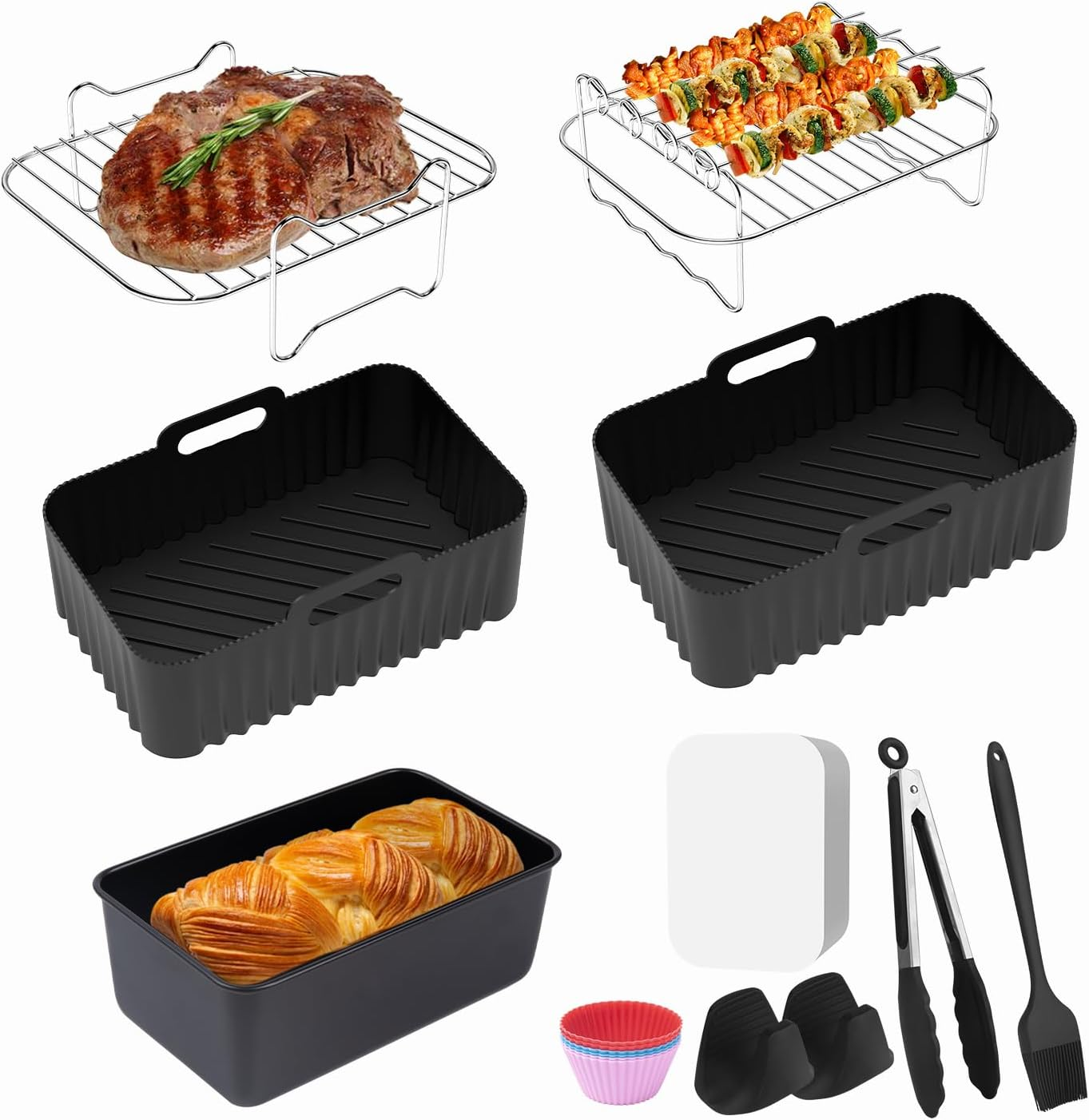 Large Size Air Fryer Accessories, Set of 11 for Ninja Air Fryer Accessories Compatiable with Ninja Foodi Dual Air Fryer Af400Uk & AF451UK & Most 9.5L Air Fryers, Upgraded, Silicone Air Fryer Liner