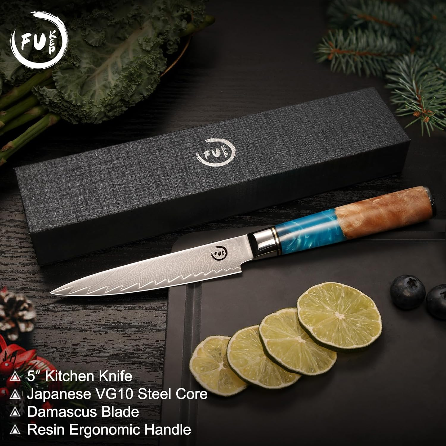 Kitchen Utility Knife 13Cm Sharp-Edged Paring Knife Damascus VG10 Blade Ergonomic Handle Double-Side Cutting Edge Full Tang Japanese Cutlery Cutting Small Knife