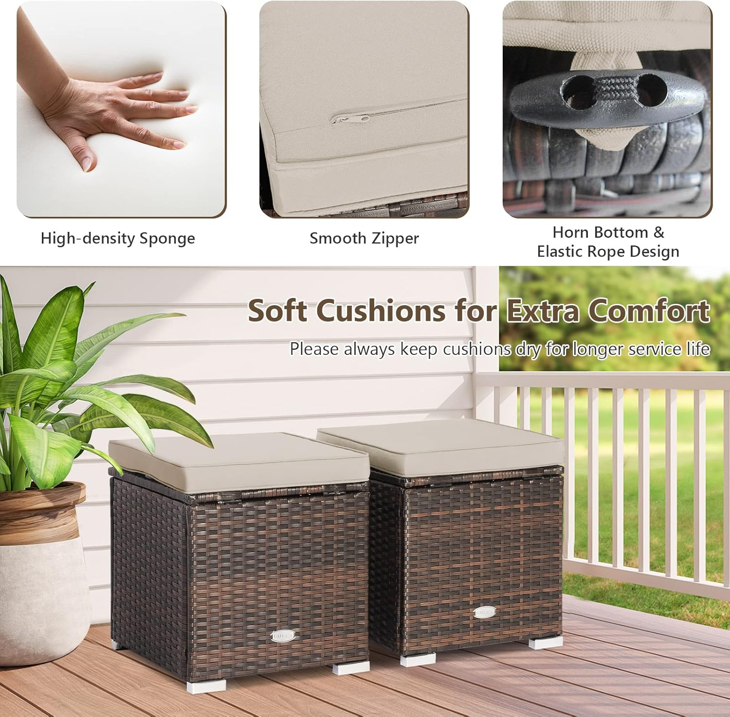 Costway 2-Pieces Patio Ottomans, Outdoor Hand-Woven PE Rattan Side Table W/Removable Cushion & Hidden Storage Space, Footrest, Storage Box, Seat for Patio, Backyard, Poolside (Beige (Cushion)) image number 2
