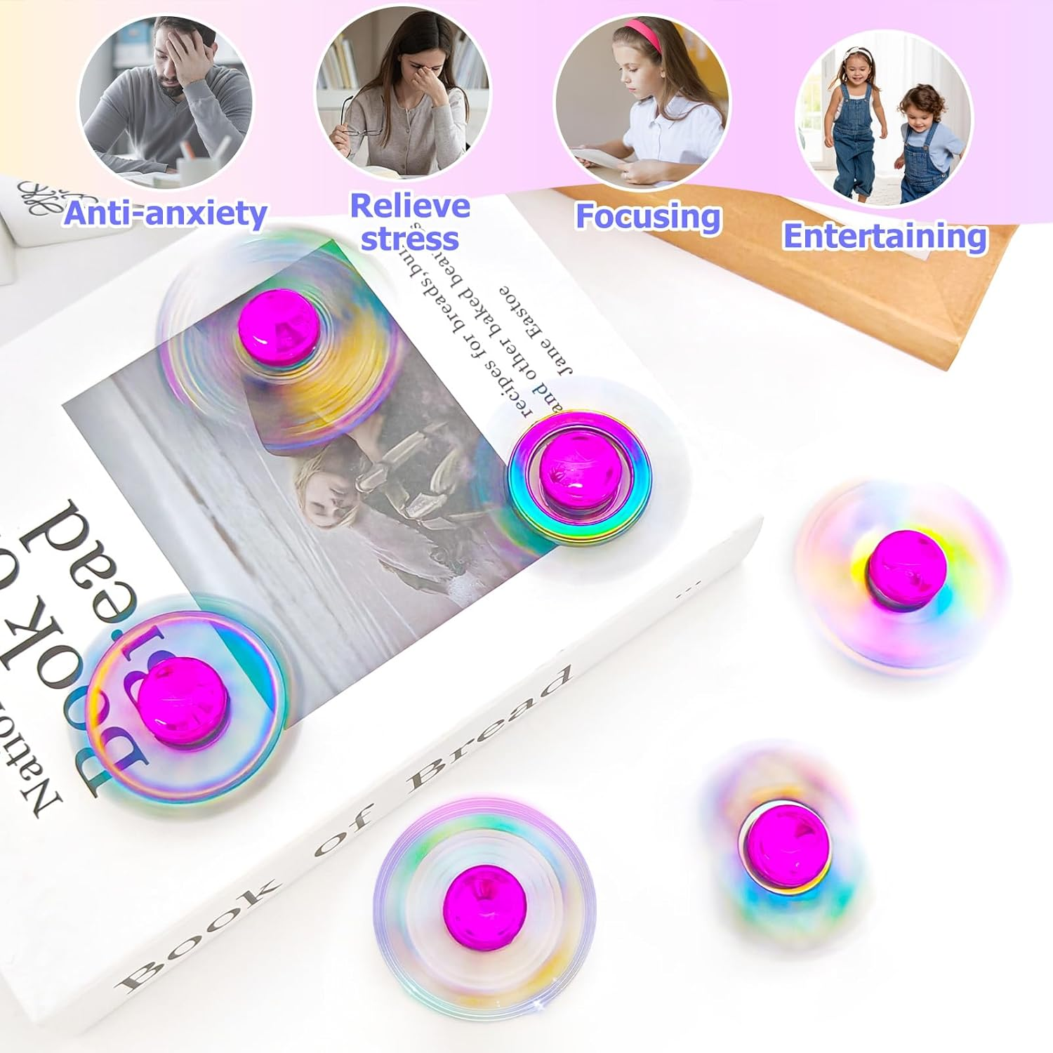 Taefuhnn 6 Pack Metal Fidget Spinner Bulk for Kids Adults, Cool Small Hand Fidget Spinners with Storage Bag, Rainbow Color Anxiety and Stress Relief Toys for Kids Party Favors Supplies Birthday Gifts image number 2