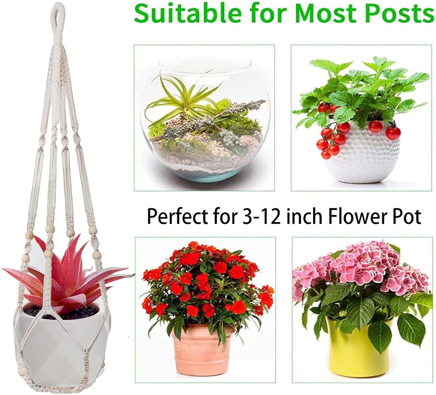 Macrame Plant Hanger Indoor & Outdoor Wall Hanging Planter + 2 Hooks Hanging Planters Basket Cotton Rope 4 Legs 35 Inch Used for Herbs Ferns Ivy Crawling Plants Hanging Planters(Lvory) image number 6