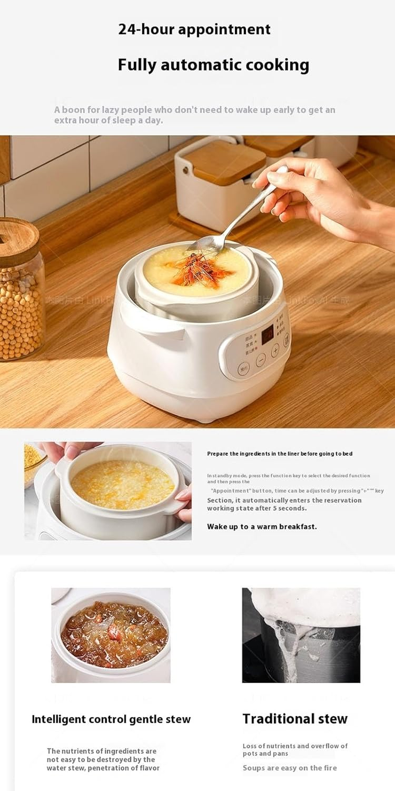 ◉ Electric Stew Pot with Steamer, 1L Mini Ceramic Slow Cookers, 6 Smart Menus | 24H Appointment & No Time Limit Keep Warm | Anti-Dry Burning | Anti-Overflow for Household Stew Pot, Soup, Baby Porridge image number 3