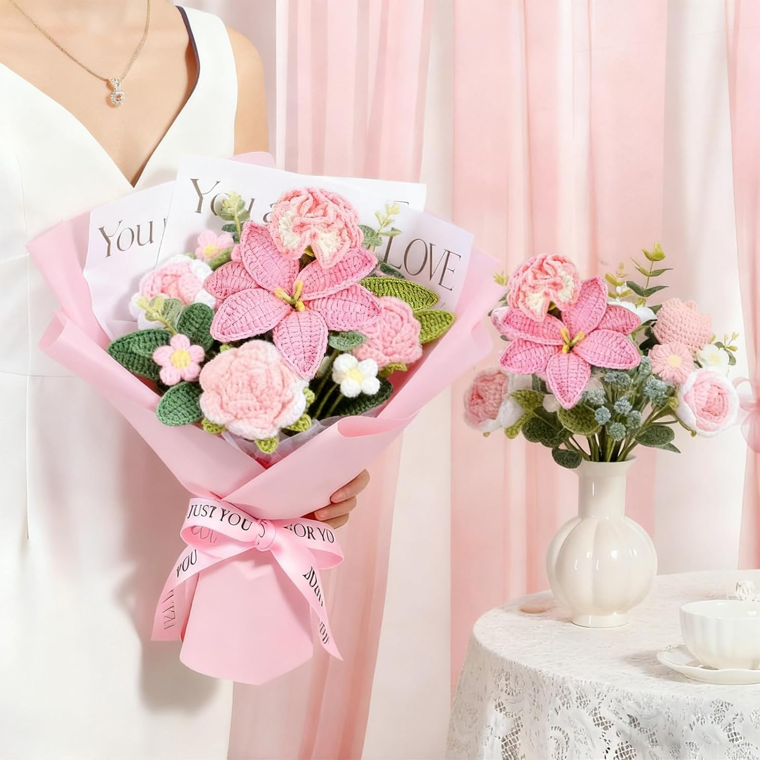 Crochet Flowers Bouquet - Hand Knitted Rose Crochet Flower Bouquet for Home Decor, Weddings, Birthdays, Mother'S Day - Includes Gift Bag and Greeting Card, Faux Crochet Flower