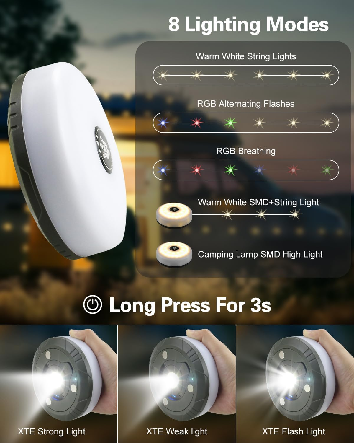 ALITOVE Camping String Light Portable Rechargeable Lantern with 8 Modes Lighting Quick Storage Camping Lights Tent Light for Hiking Rvs Parties(Camping Essentials Gear) image number 3