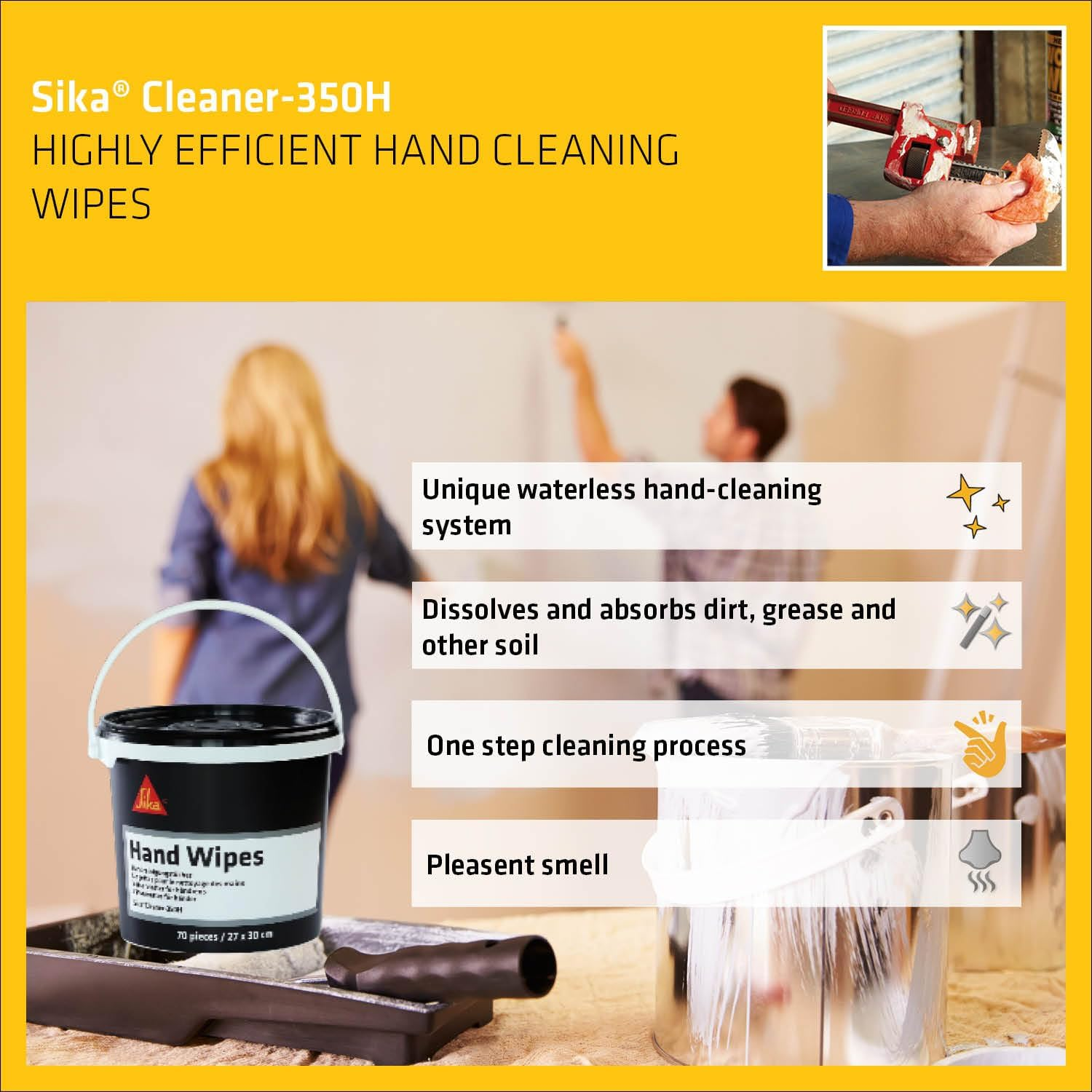 SIKA - Wipes - Sikacleaner-350H - Orange - Highly Effective Hand and Tool Cleaning - Gentle on the Skin - Can of 70 Wipes
