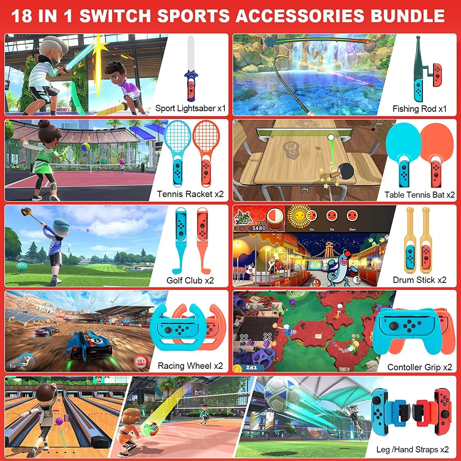 ZONEY Switch Sports Accessories Bundle Set, 18 in 1 Family Party Pack Game Accessories Kit for Nintendo Switch/Switch OLED, for Mario Golf Super Rush the Legend of Zelda Mario Tennis Ace image number 1