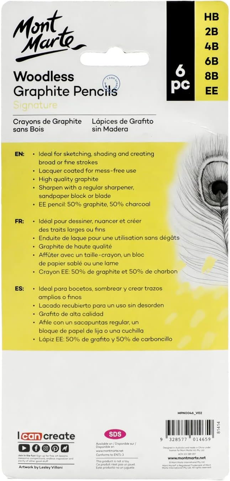 Mont Marte Woodless Graphite Pencils 6 Piece (HB, 2B, 4B, 6B, 8B and EE), Suitable for Sketching, Drawing and Shading image number 1