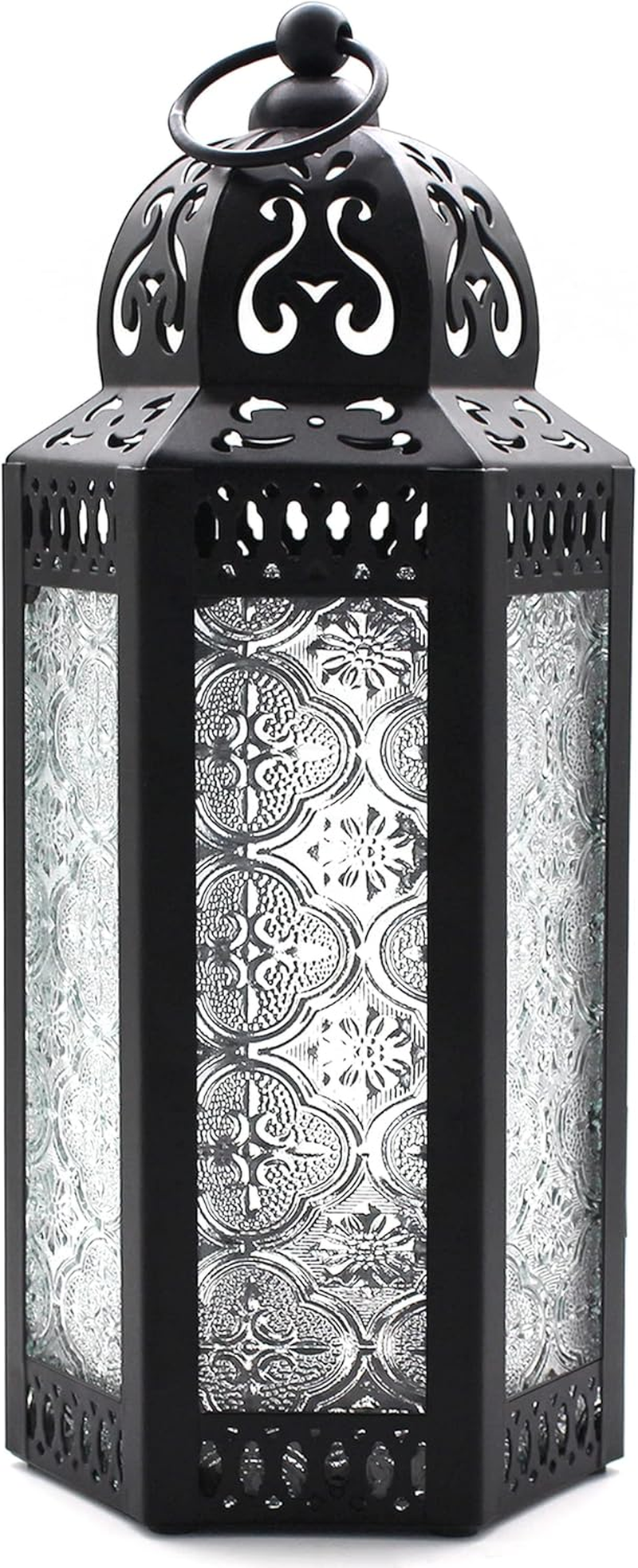CVHOMEDECO. Decorative Candle Lantern Moroccan Lanterns Vintage Black Metal Lantern Holder for Home Patio Outdoor Decor. Cobalt Glass, Medium