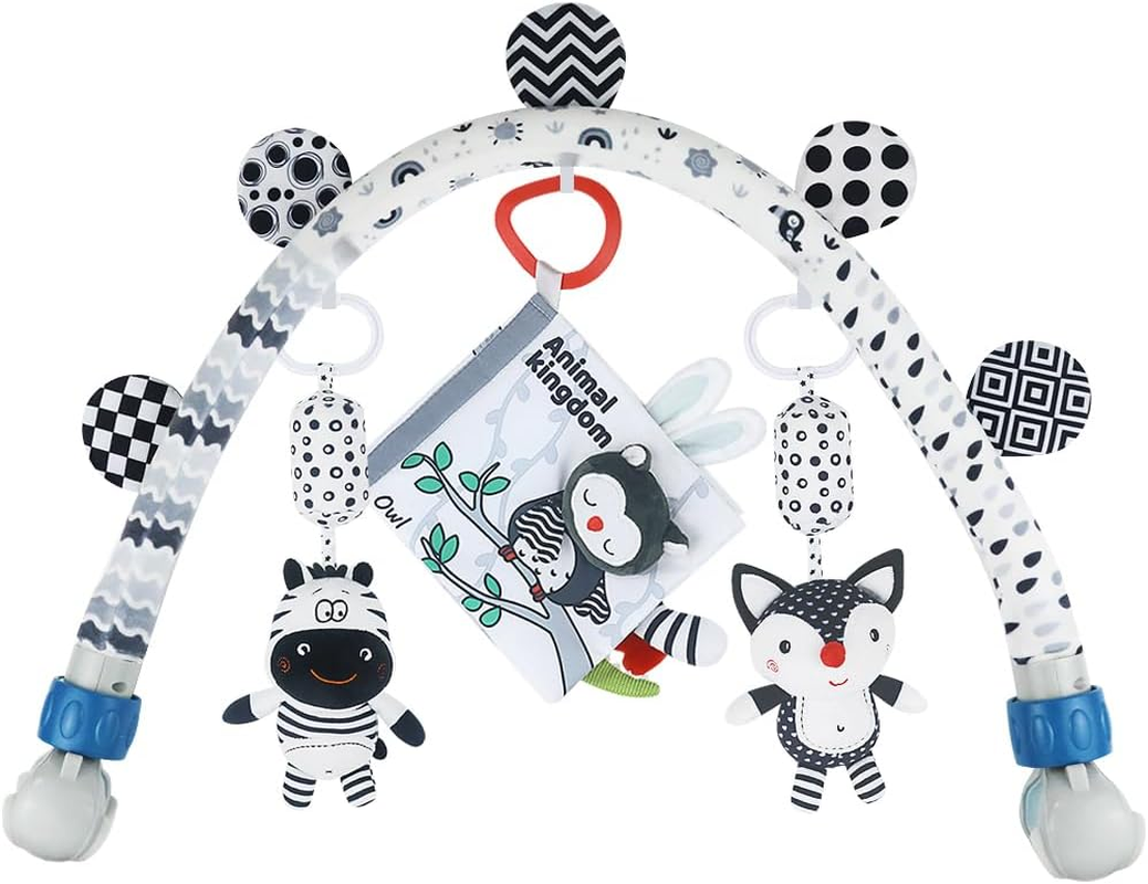Baby Activity Arch Bassinet Toy, Black and White Travel Mobile Toy Bar with Hanging Animals, Stroller, Pram and Crib Attachment Toys (Ocean)