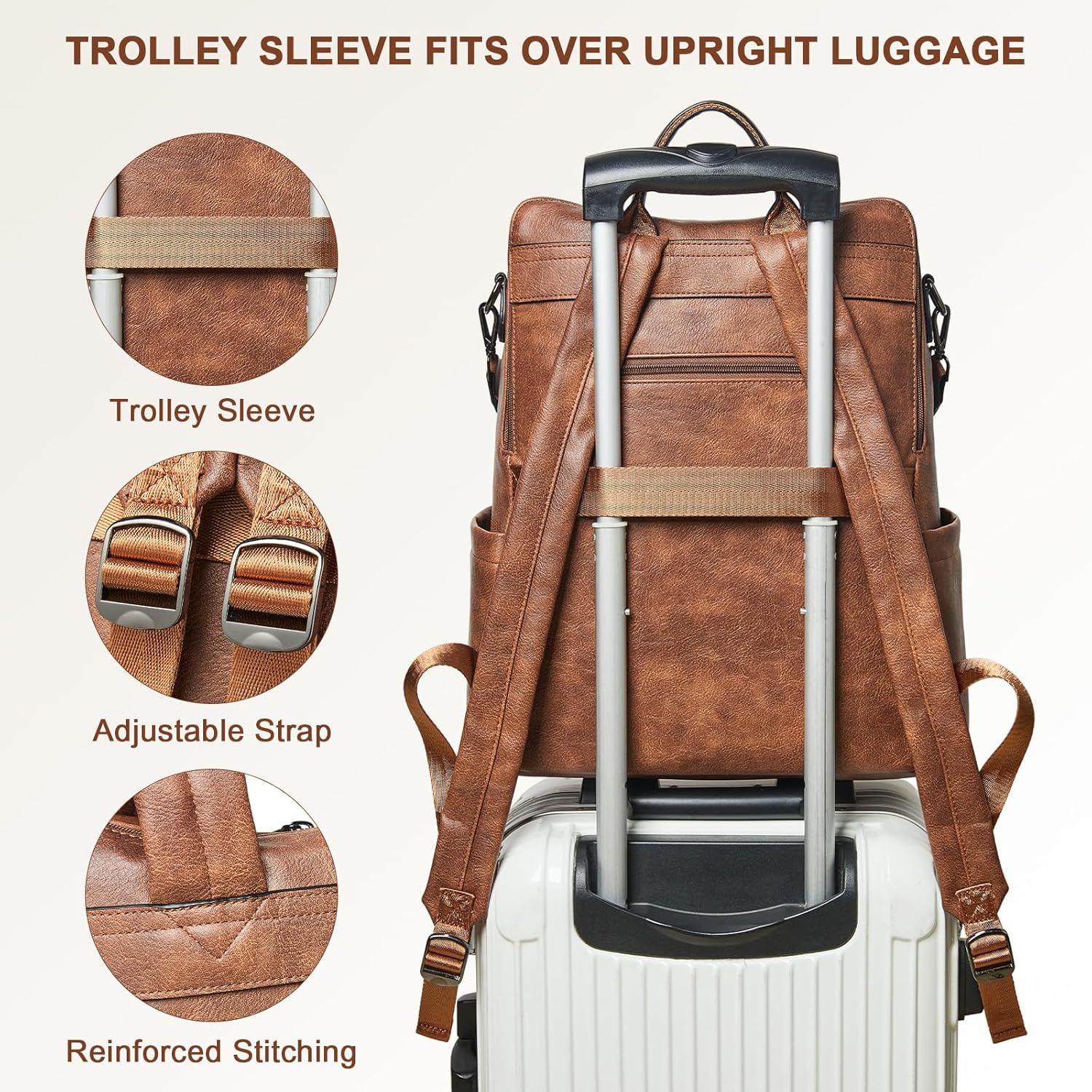 Shrrie Laptop Backpack for Women 15.6 Inch,Travel Leather Backpack Purse Nurse Teacher Carry on Backpack - Two-Tone Black image number 5