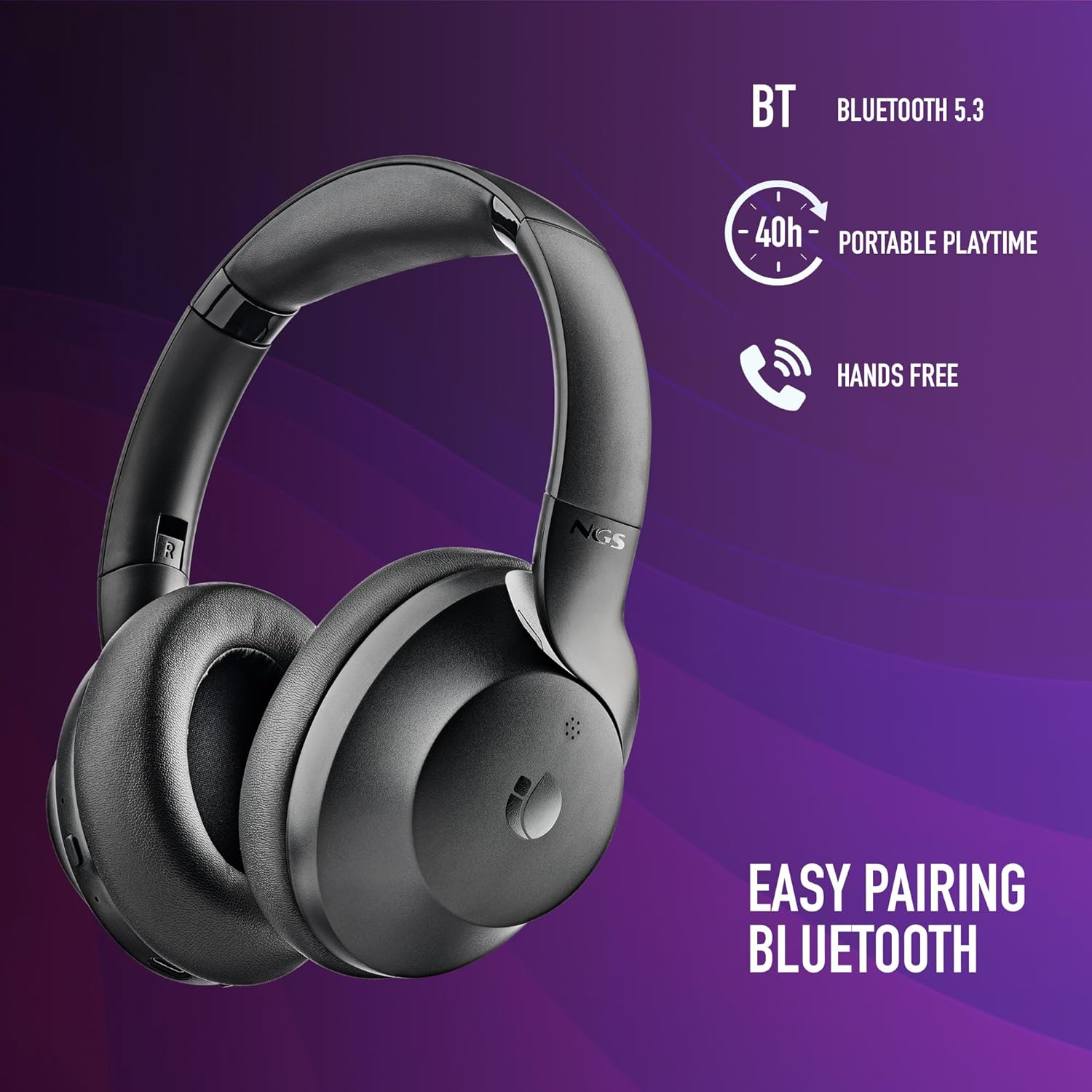 NGS Artica Shake Wireless Headphones, Bluetooth Compatible Headphones, Adjustable Headband, Swivel Earmuffs, ANC Noise Reduction Technology, Built-In Microphone, Black