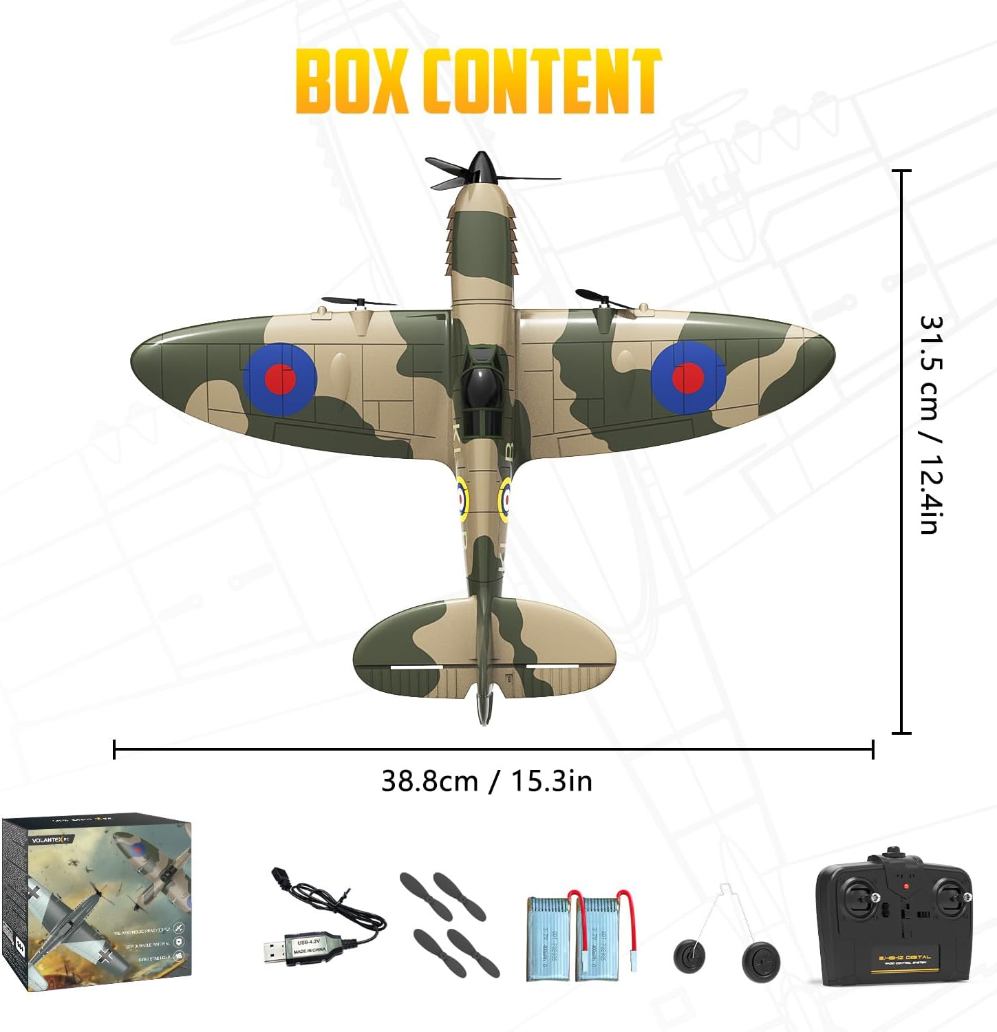 HAWK'S WORK 3 Channel RC Plane Spitfire Fighter, Remote Control Warbird Ready to Fly, 2.4Ghz 6-Axis Gyro Stabilizer, Easy to Fly for Kids & Beginners image number 3