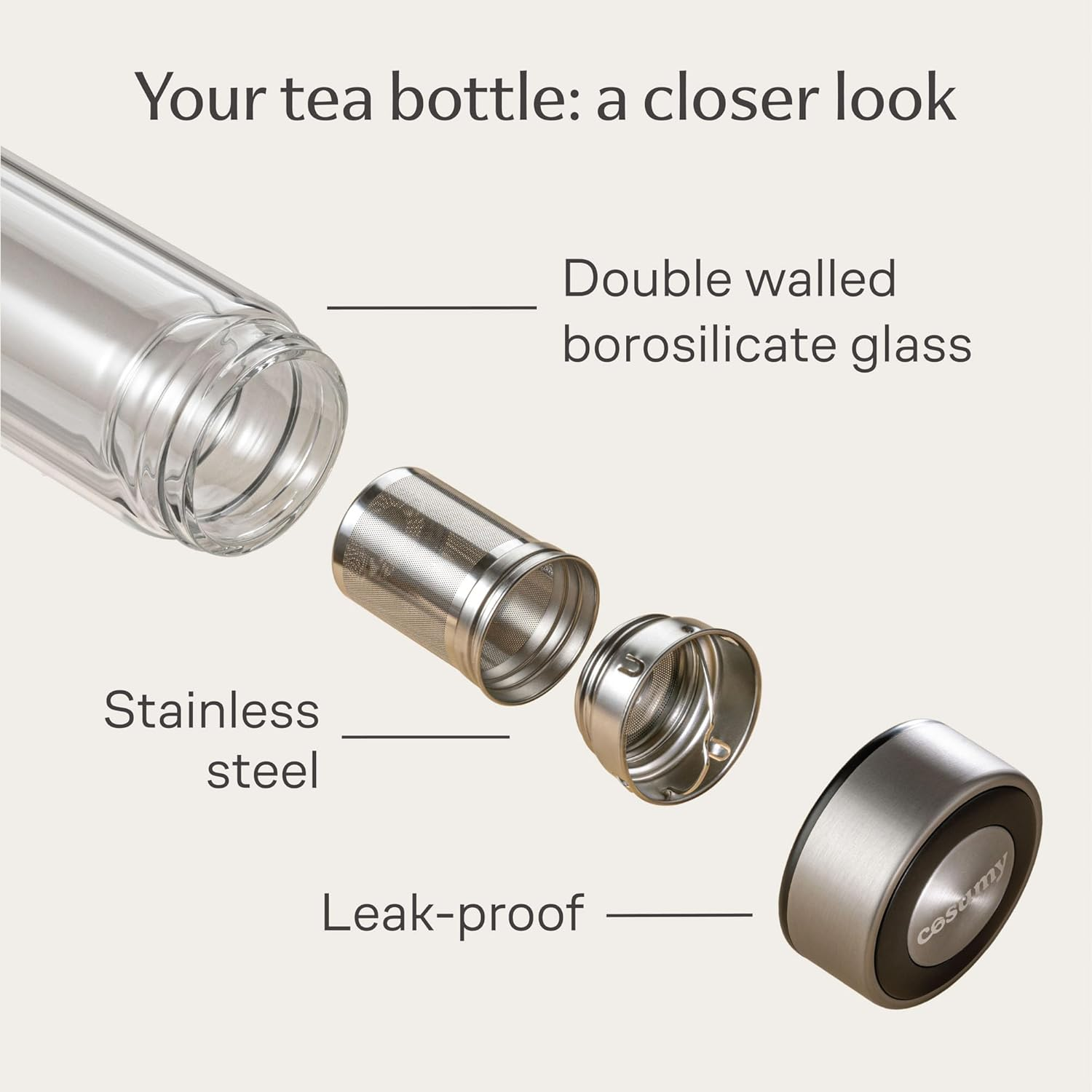 Cosumy Tea Bottle with Strainer to Go 500 Ml - Double-Walled Glass with Felt Bag - Heat Resistant - Leak-Proof - Dishwasher Safe - (Anthracite) - Charcoal image number 3
