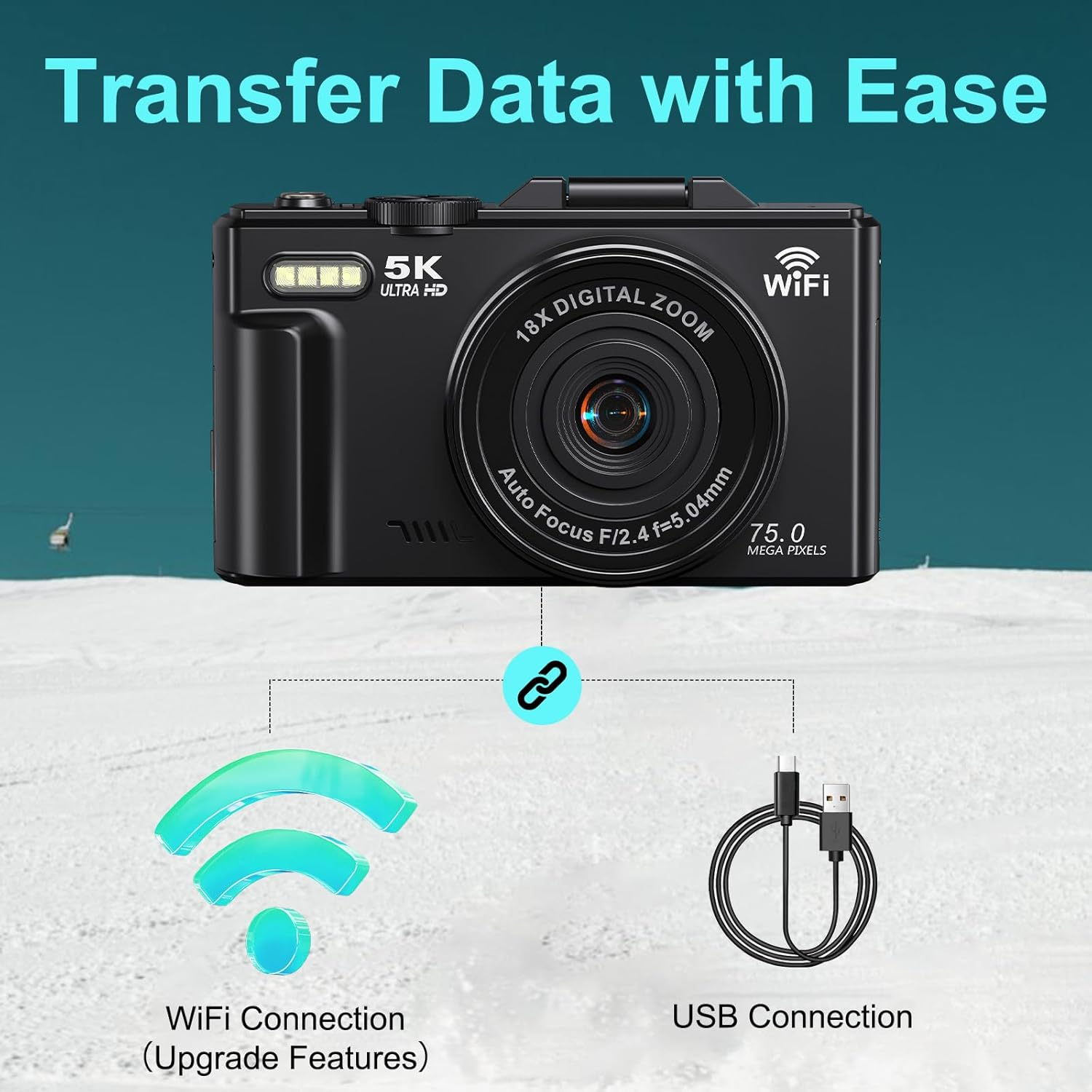 5K Digital Camera for Photography - 75MP Wifi Vlogging Camera for Youtube - UHD 18X Zoom Digital Cameras with Flip Screen 3" 180&deg; - Travel Photography Flash Camara for Beginners & Adults image number 5