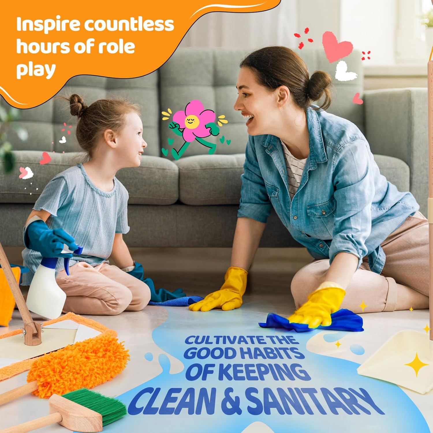 Toddler Cleaning Set - Kids Housekeeping Pretend Play Set | FSC Certification Wood with Broom, Mop, Dustpan, Duster and Organizing Stand | Montessori Toys for 3+ Year, Kids Pretend Play Cleaning Set image number 3