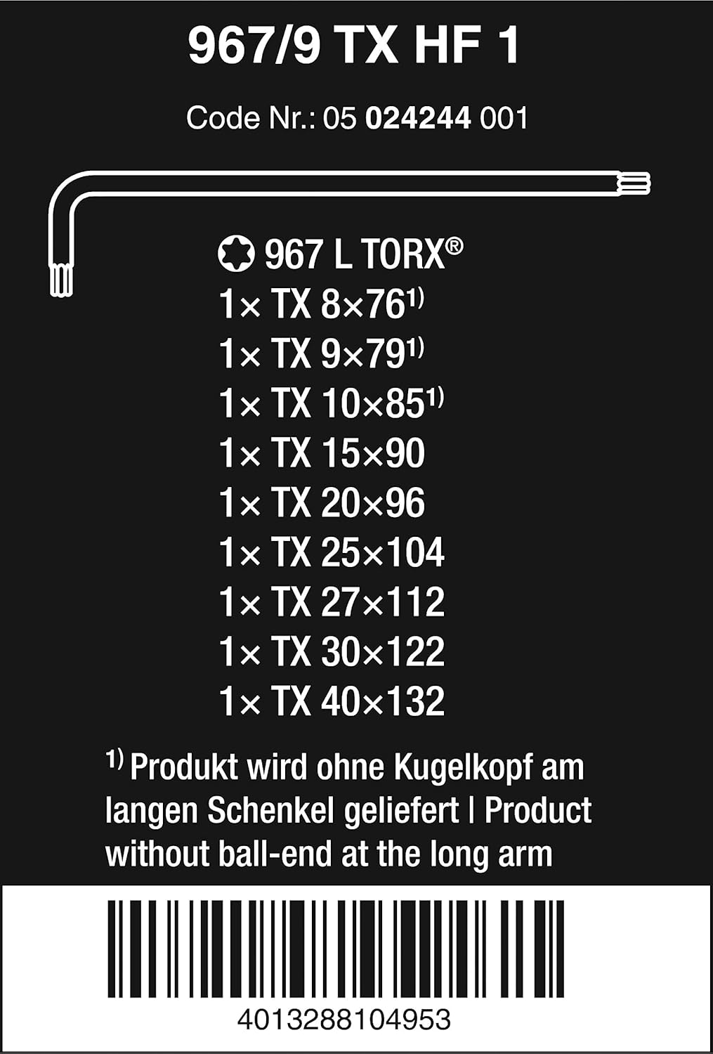 Wera 967/9 TX HF 1 TX HF Black Laser 1 L-Key Set with Holding Function 9 Pieces, 9 Pieces Multicolor image number 1