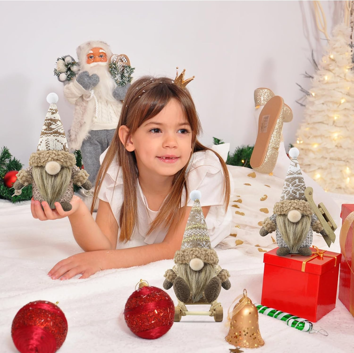 Gehydy Set of 3 Christmas Gonk Decorations Handmade Sled Gnome Plush Stuffed Xmas Decor for Home Kitchen Farmhouse - Brown - Blue image number 2