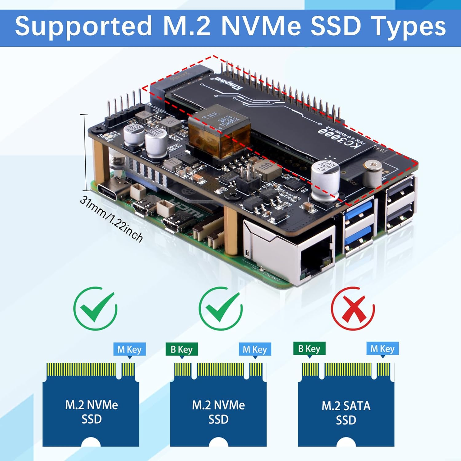 Geeekpi P33 M.2 NVME M-Key Poe+ Hat with Official Pi 5 Active Cooler for Raspberry Pi 5, Support M.2 Nvme Ssds 2230/2242/2260/2280
