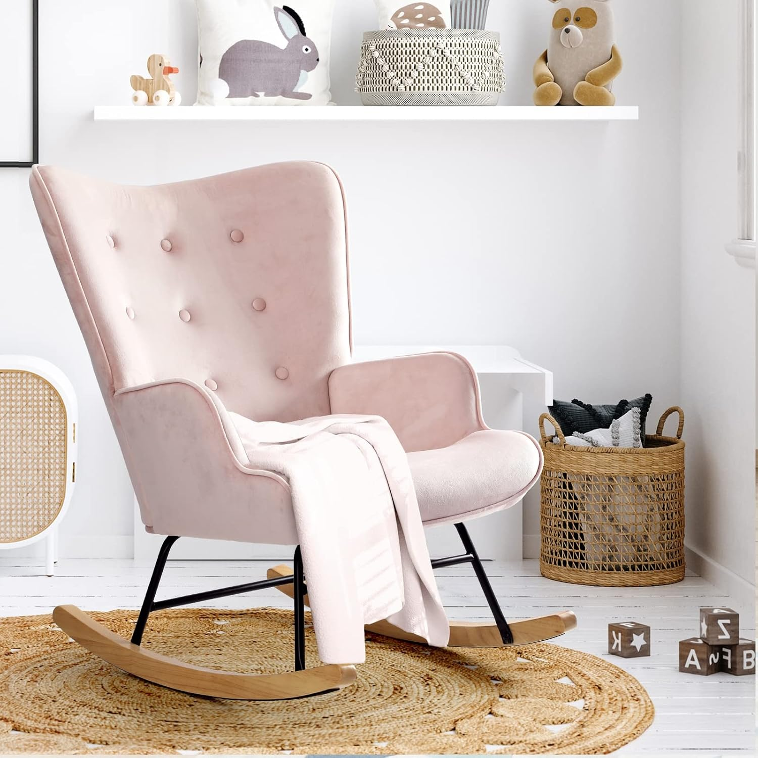 Oikiture Armchair Rocking Chair Fabric Lounge Pink