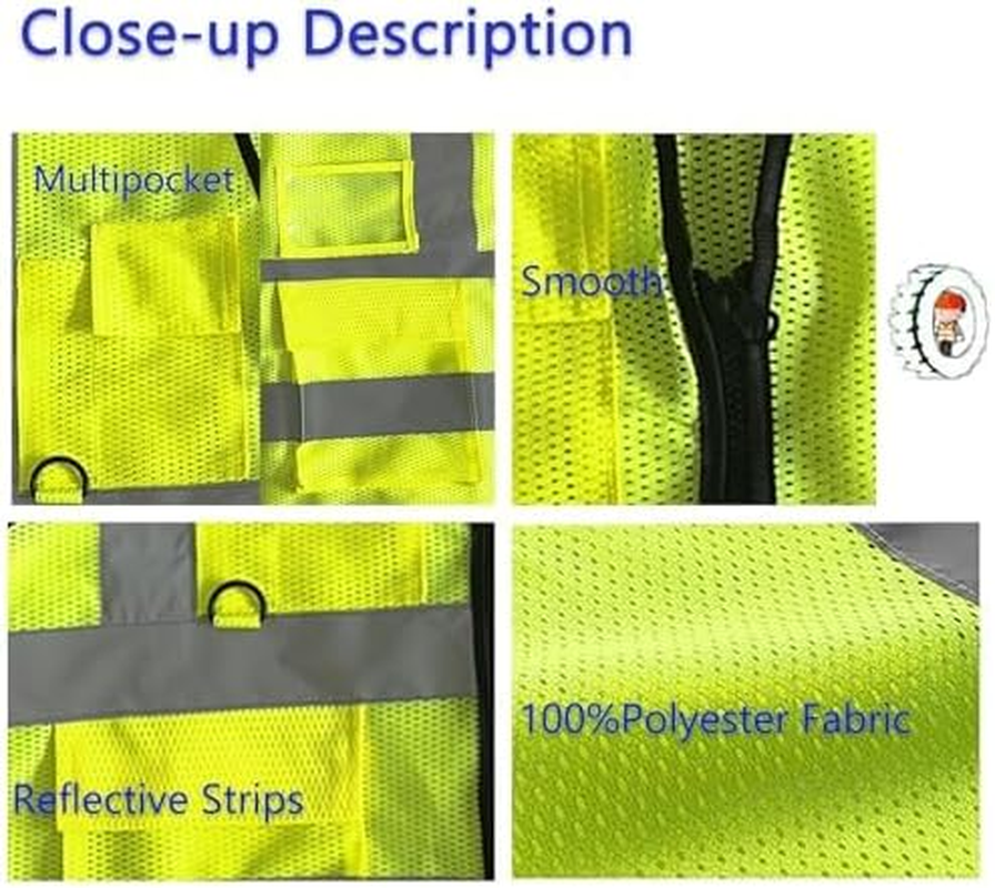 High Visibility Safety Vest, High Vis Vest with Mesh Design, Reflective Strips, Multiple Pockets for Men and Women Yellow image number 4
