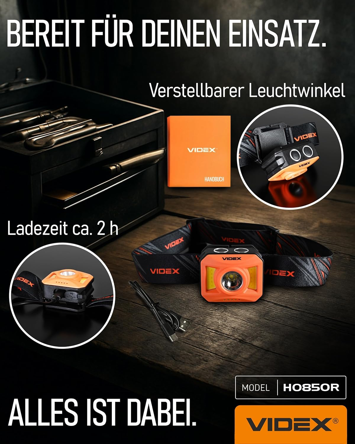 Videx High Quality Head Torch LED Rechargeable I Camping & Hiking Accessories I Running Light with USB C Rechargeable I Running Lamp with Battery and Red Light for Jogging I H085 400 Lm 5000 K image number 2