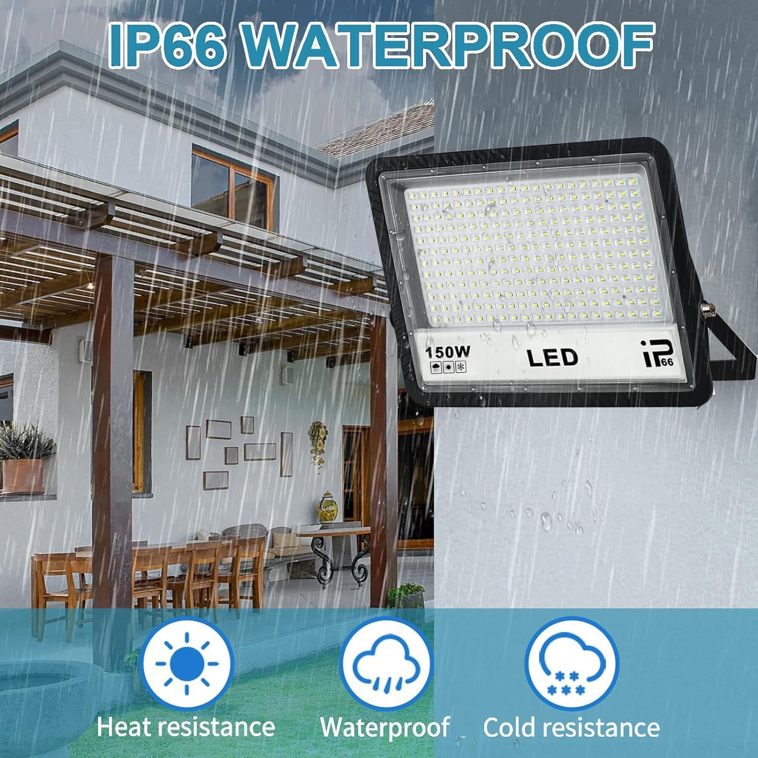 LED Flood Lights Outdoor, 2 Pack 150W 15000LM Bright Floodlight outside Work Light with Plug, IP66 Waterproof 6500K Outdoor LED Flood Light for Garage, Yard, Lawn, Garden image number 1
