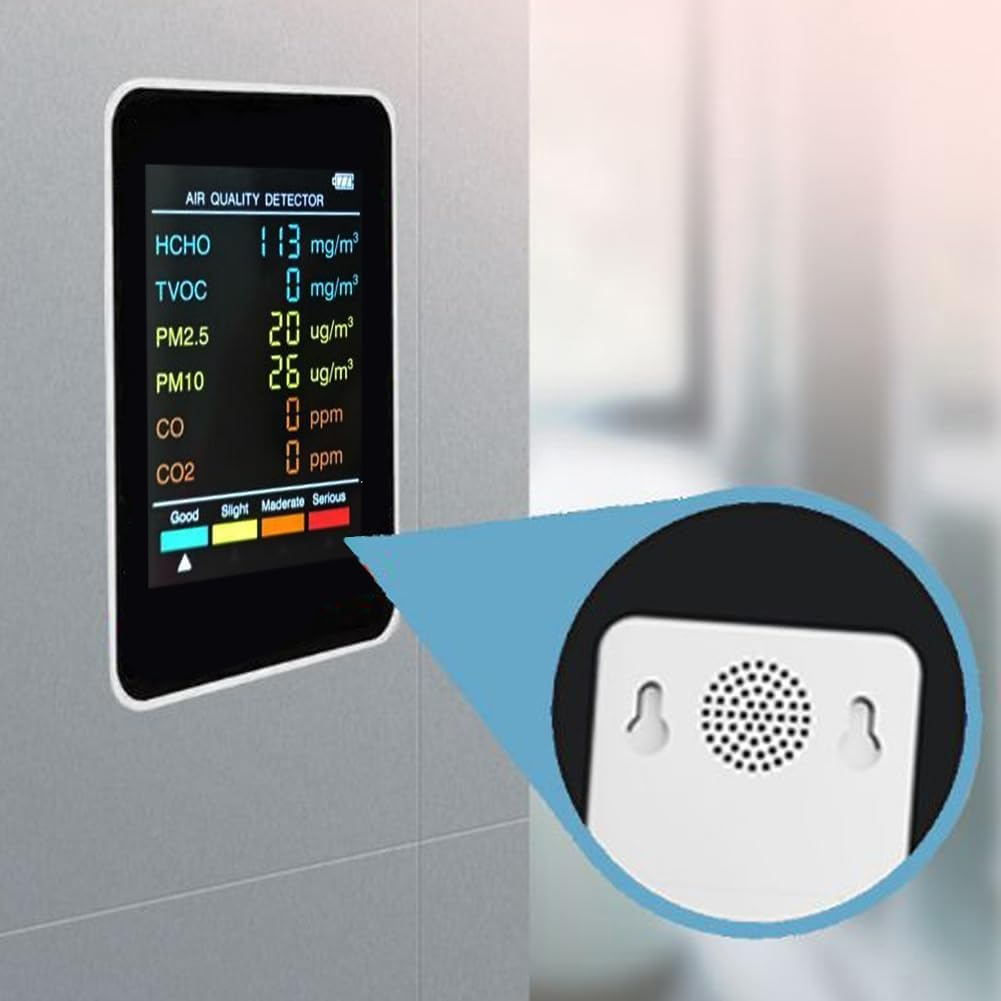 6-In-1 Air Quality Monitor for PM2.5/PM10/HCHO/TVOC/CO/CO2, Portable Multifunctional Detector with LCD Screen - Home, Office & Hotel Formaldehyde & Carbon Dioxide Tester