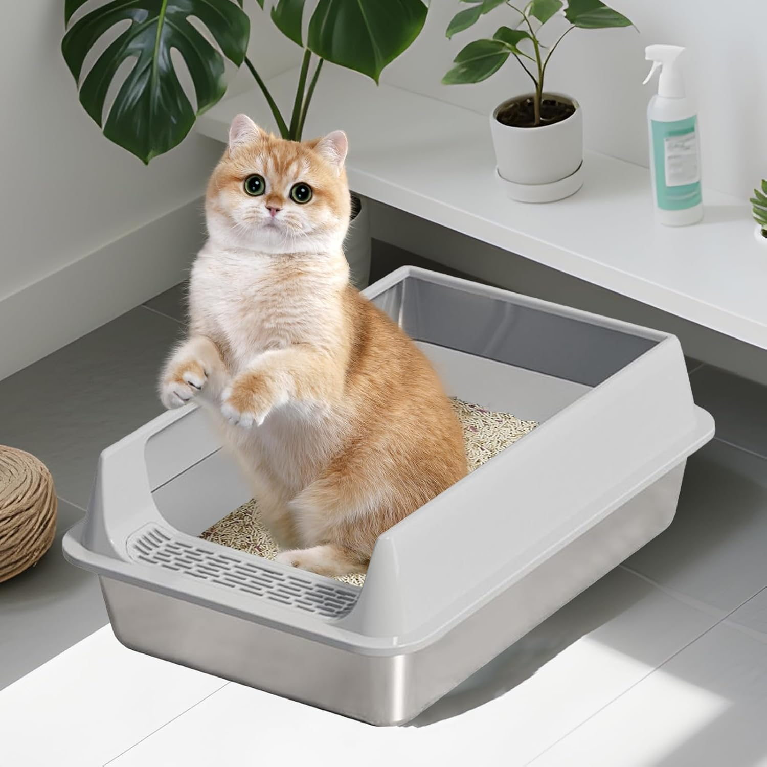 Cat Litter Tray Stainless Steel Cat Litter Tray Splash-Proof with Shovel Non-Stick Cat Accessories for Large Medium Small Cats Home Garden Balcony Patio