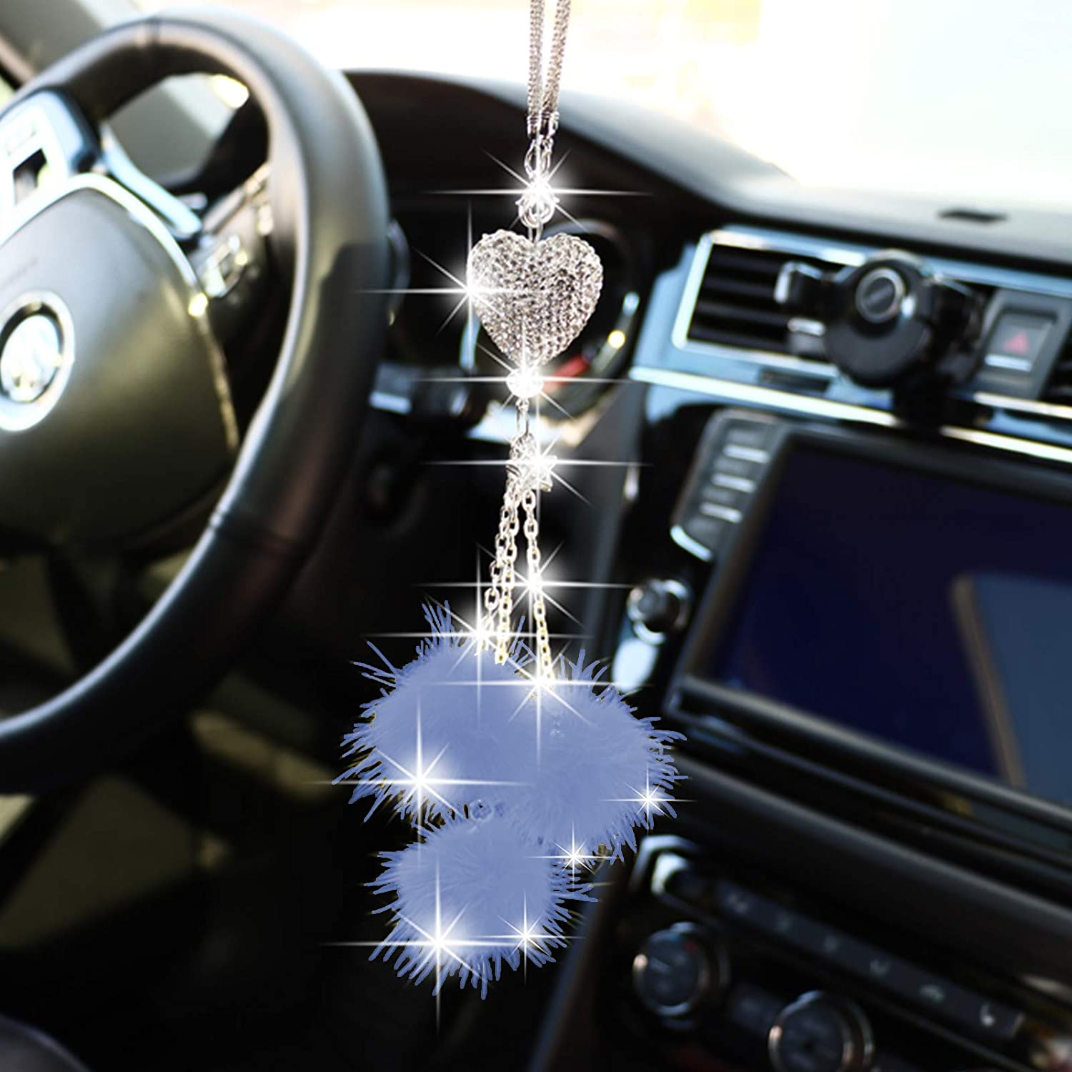 Bling Car Accessories for Women &pound;&brvbar; Men Bling White Heart and Pink Fuzzy Drops Bling Rinestones Diamond Car Accessories Crystal Car Rear View Mirror Charms,Lucky Hanging Accessories (Gray)