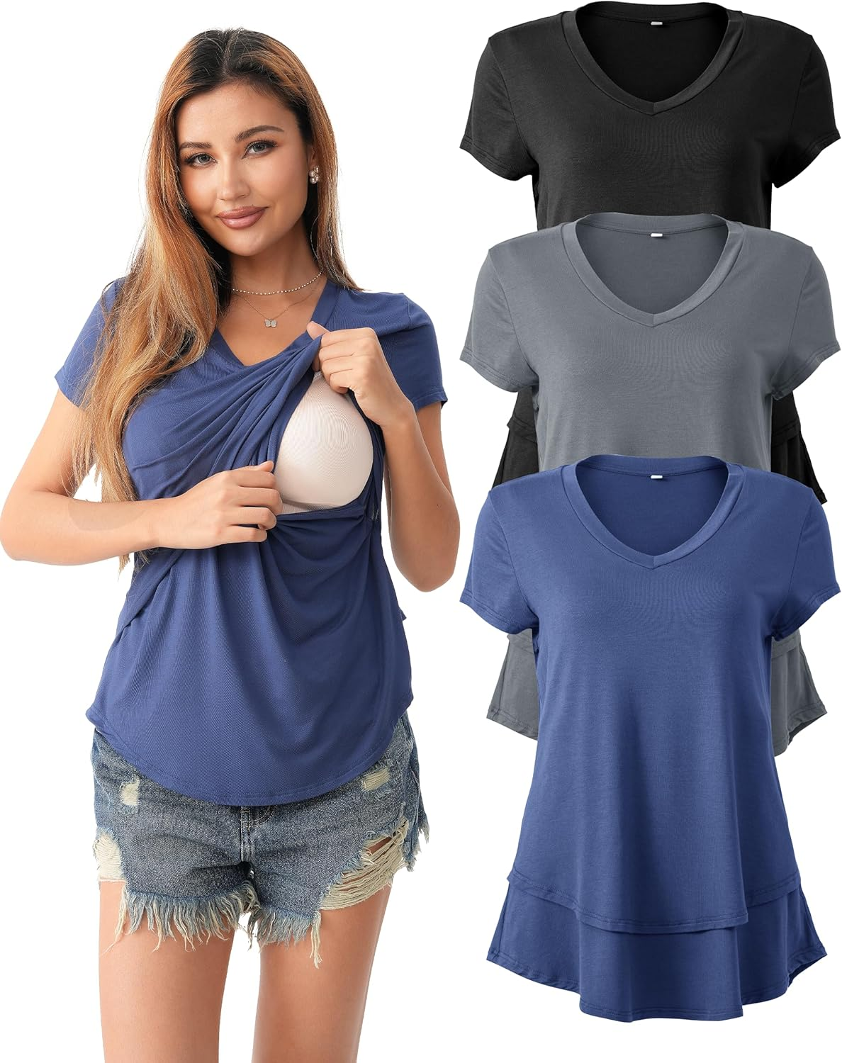 SUNNYBUY 3 Pack Hidden Nursing Tops for Breastfeeding Women Double Layer V Neck Maternity Shirts Postpartum Tee
