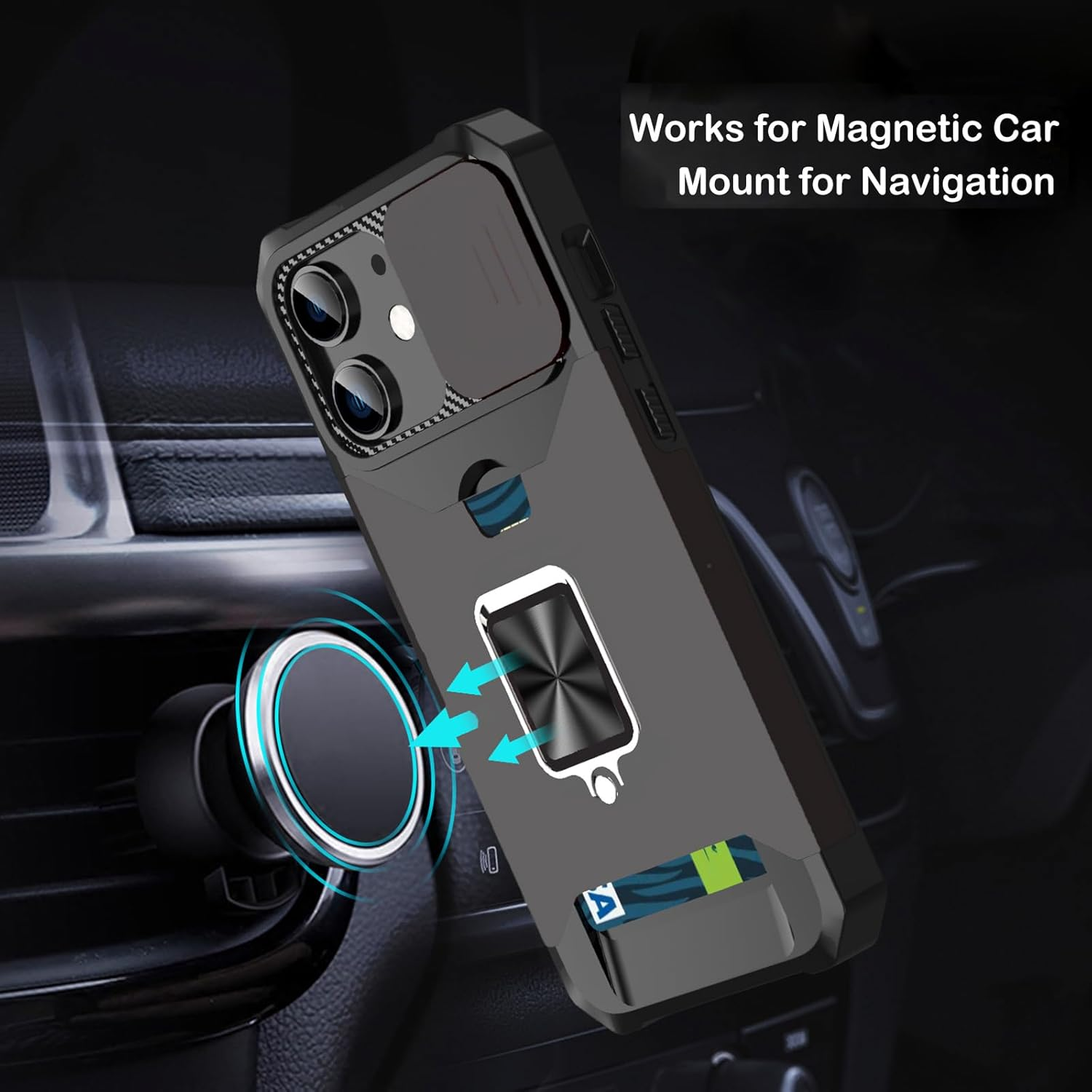 For Iphone 13 Mini Case with [Card Holder] and [Slide Camera Cover][360&deg; Rotate Ring Kickstand] Heavy Duty Protective Phone Cover Case for Iphone 13 Mini-Black image number 5