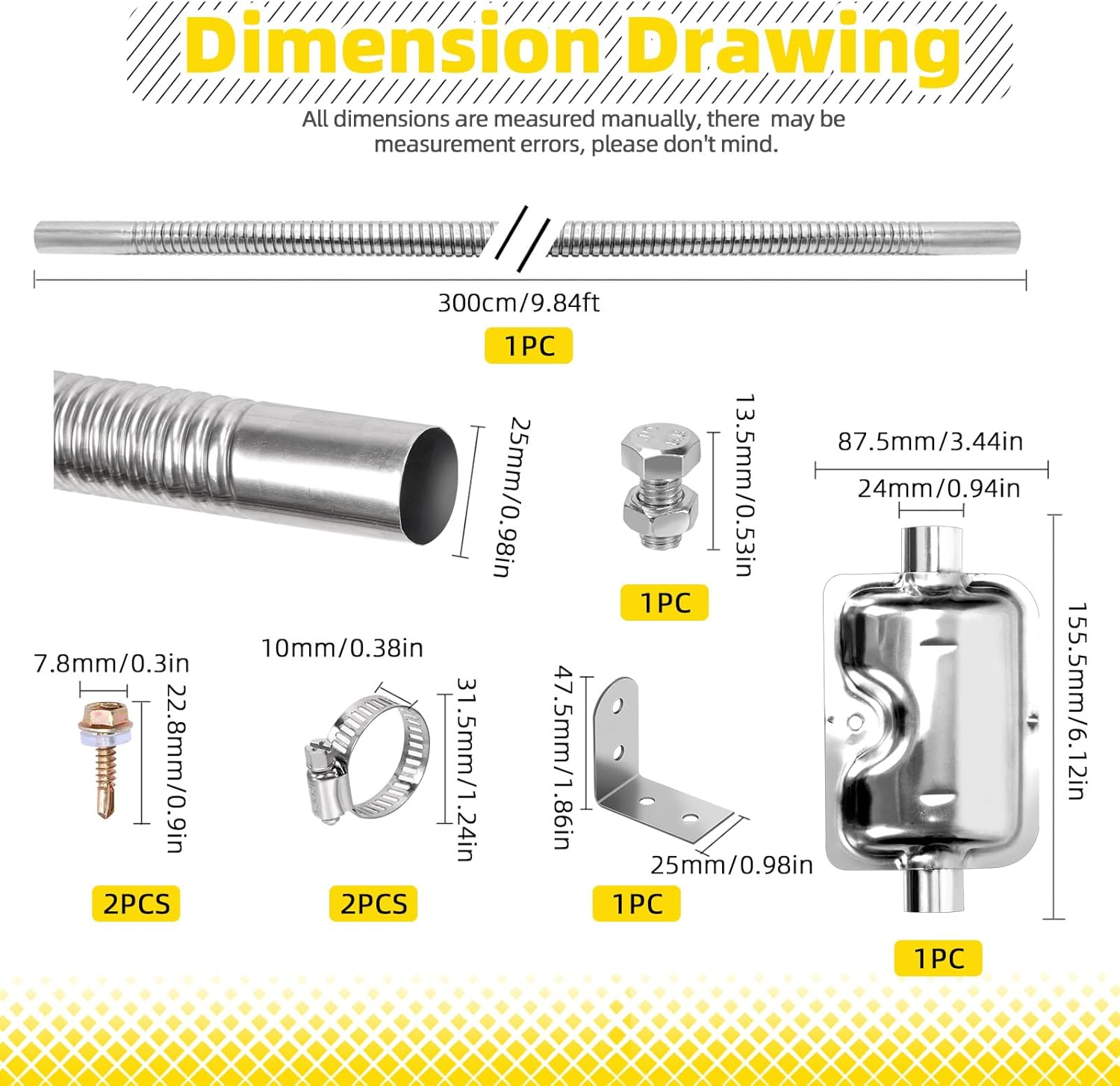 2.5CM/1&rdquo; Parking Air Heater Exhaust Pipe, Stainless Steel, Flexible Exhaust Tubing with Muffler, Diesel Heater Exhaust Pipe Tube, Silver, 8Pcs image number 3