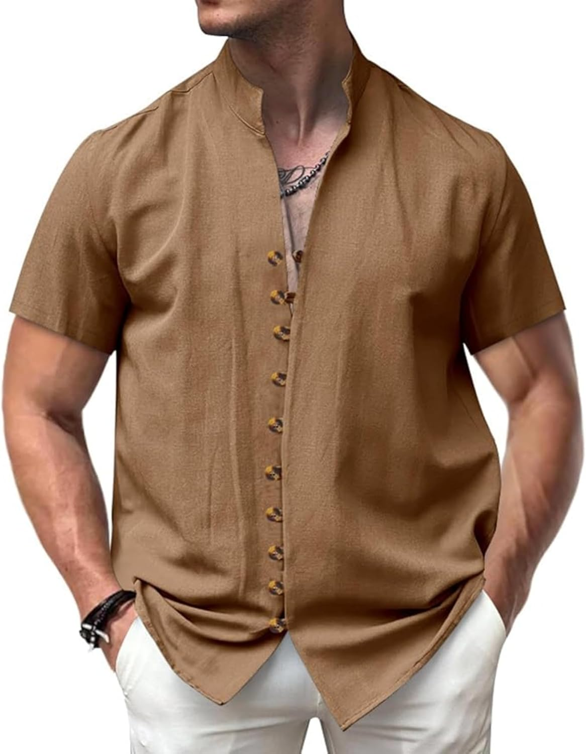 Men'S Button down Hawaiian Linen Shirt Mandarin Collar Short Sleeve Solid Shirt Beach Vacation Summer Casual Tshirts