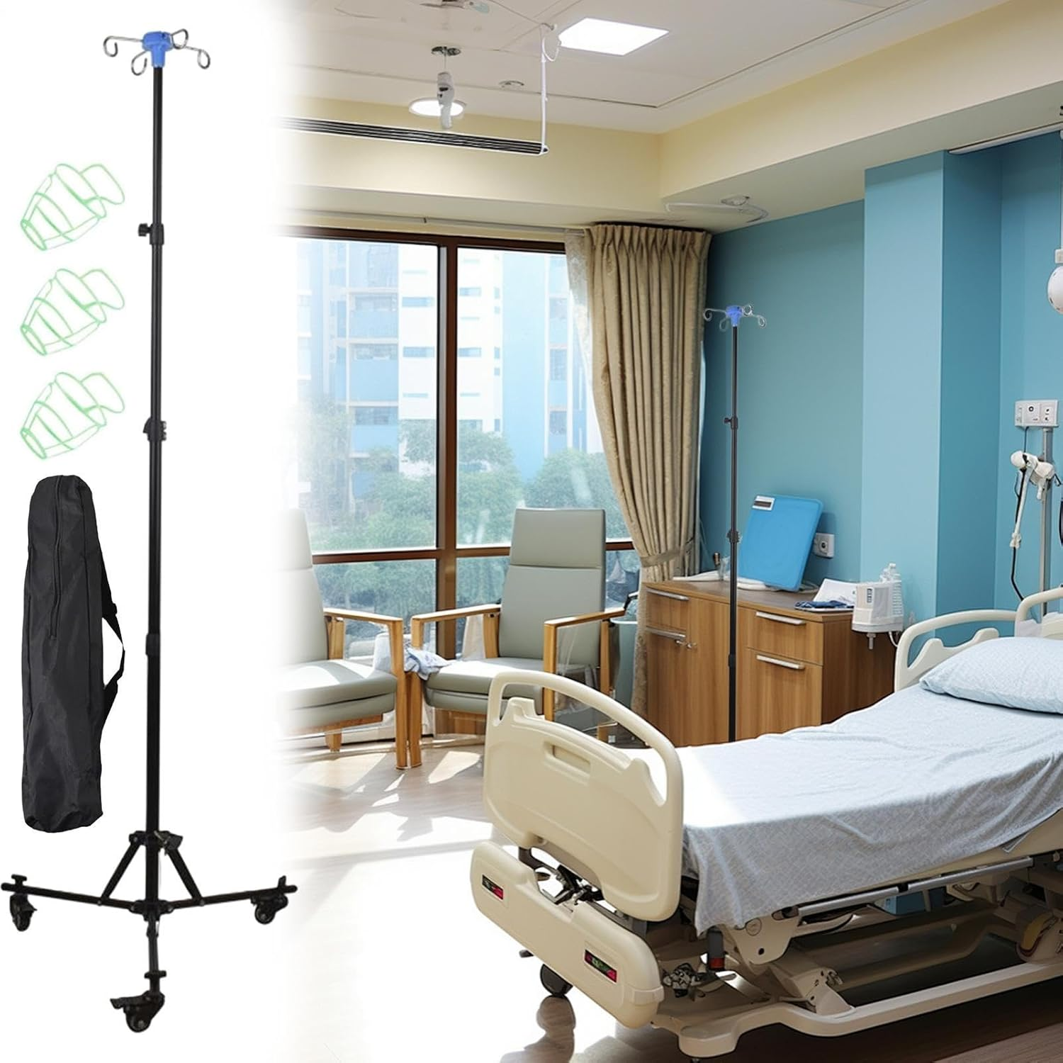 Iv Pole with Wheels | Mobile Iv Stand with Bottle Hook,Nursing Bed Foldable Hospital Equipment with Wheel for Healthcare Travel Daily Indoor Outdoor Elderly Home Clinics image number 1