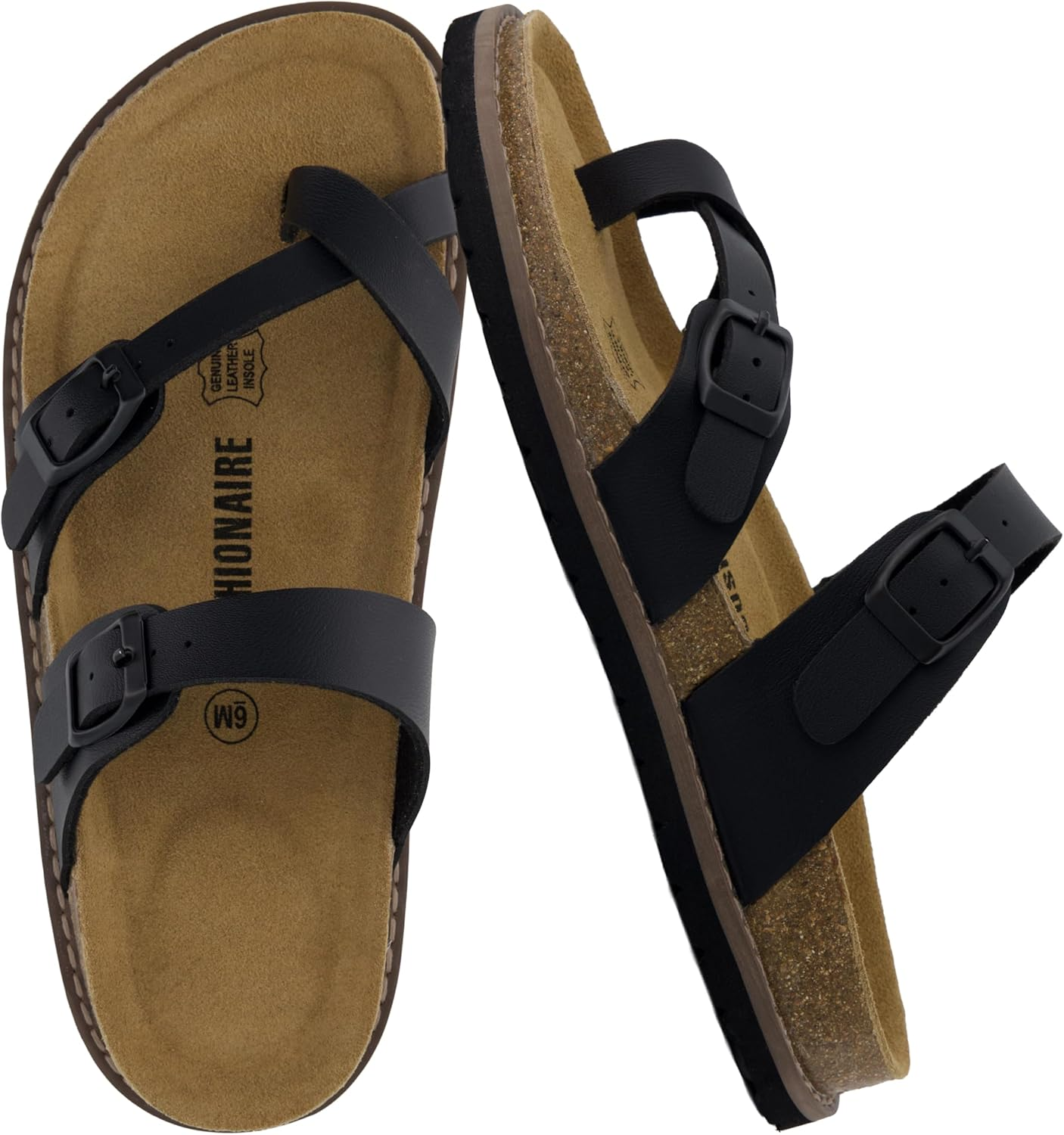 CUSHIONAIRE Pluto Cork Footbed Summer Sandals for Women Comfortable Slides with Adjustable Buckles, Toe Loop & Stitched Design &ndash; Stylish Slip on Women Footwear