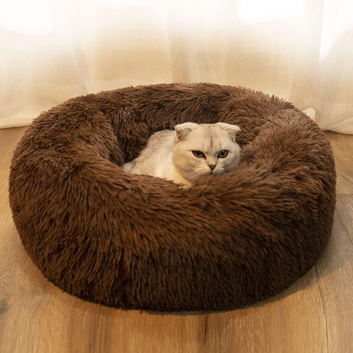 Dog Bed Calming Dog Bed & Cat Bed, Anti-Anxiety Donut Dog Cuddler Bed, Warming Cozy Soft Dog round Bed, for Small Medium Dogs and Catsbrowndiameter20In image number 7