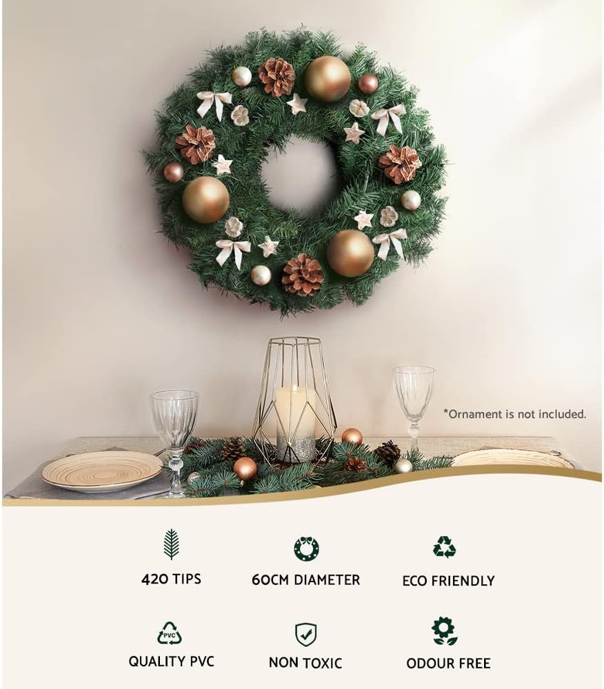 Jingle Jollys Christmas Wreath Garland 60Cm, Diameter Garlands, Decorations Holiday Party Gift Home Garden Store Decor, 2Ft Green 420 Tips Thick Foliage Flower Vine Wreath Assembly Free image number 4
