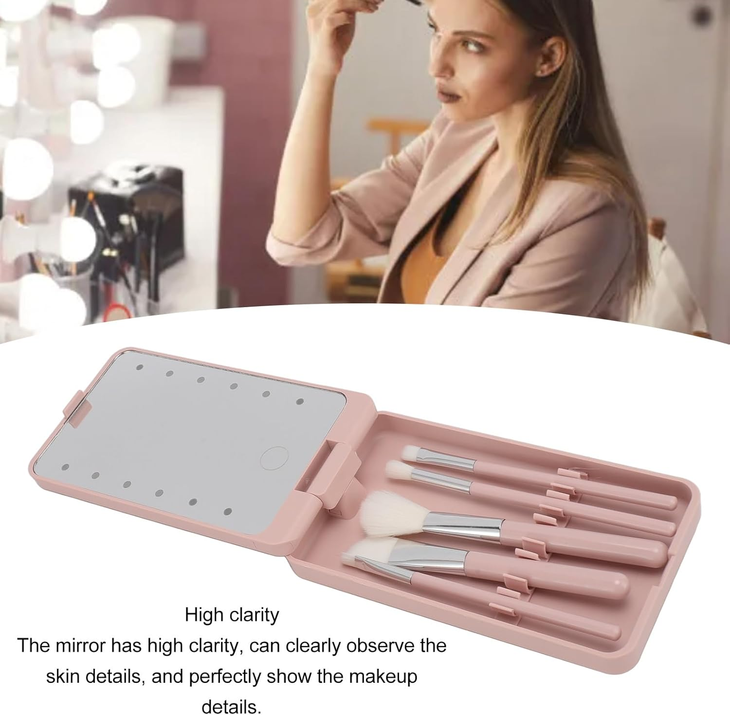 Travel Makeup Brush Set with LED Light Mirror, Cosmetic Makeup Brushes Kit with Holder Case and Mirror, Cosmetic Brushes Kit with Rotatable Foldable LED Mirror for Home Dormitory image number 2