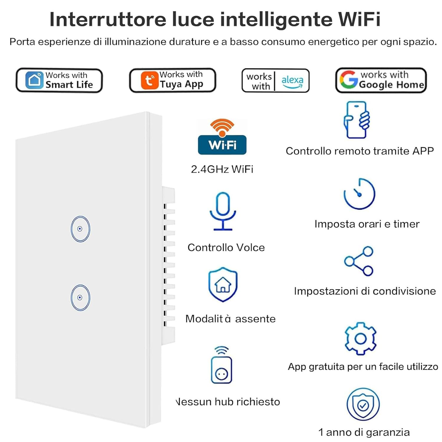 Useelink Wifi Smart Wall Light Switch,Glass Touch Panel 220V 2 Gang 10A 1000W Compatiable with Ios/Android,Compatible with Alexa, Google Assistant, No Hub Required White SAA image number 1