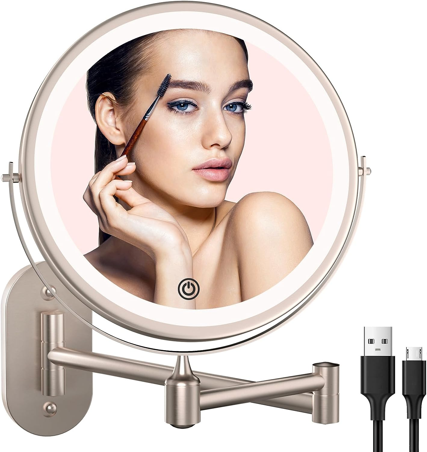 Rechargeable Wall Mounted Lighted Makeup Vanity Mirror 8 Inch 1X/10X Magnifying Bathroom Mirror with 3 Color Lights, Double Sided with Dimmable LED Lights, Extended Arm 360&deg; Swivel Extension Mirror